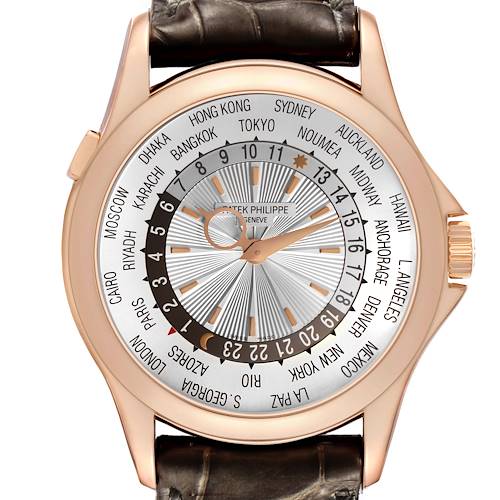The Patek Philippe Complications 5130R Men's Rose Gold Silver Dial watch is shown from the front, displaying the dial with city names and hour markings.