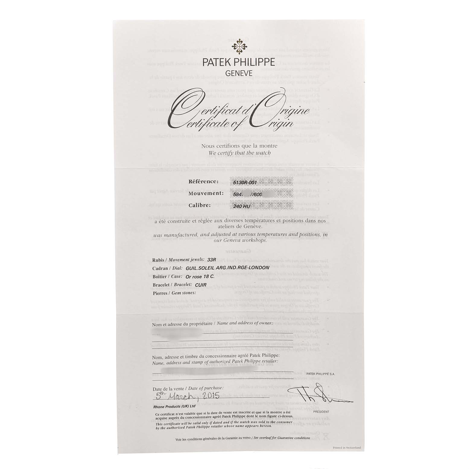 This image shows a Patek Philippe Certificate of Origin, detailing specifications for a Complications model.