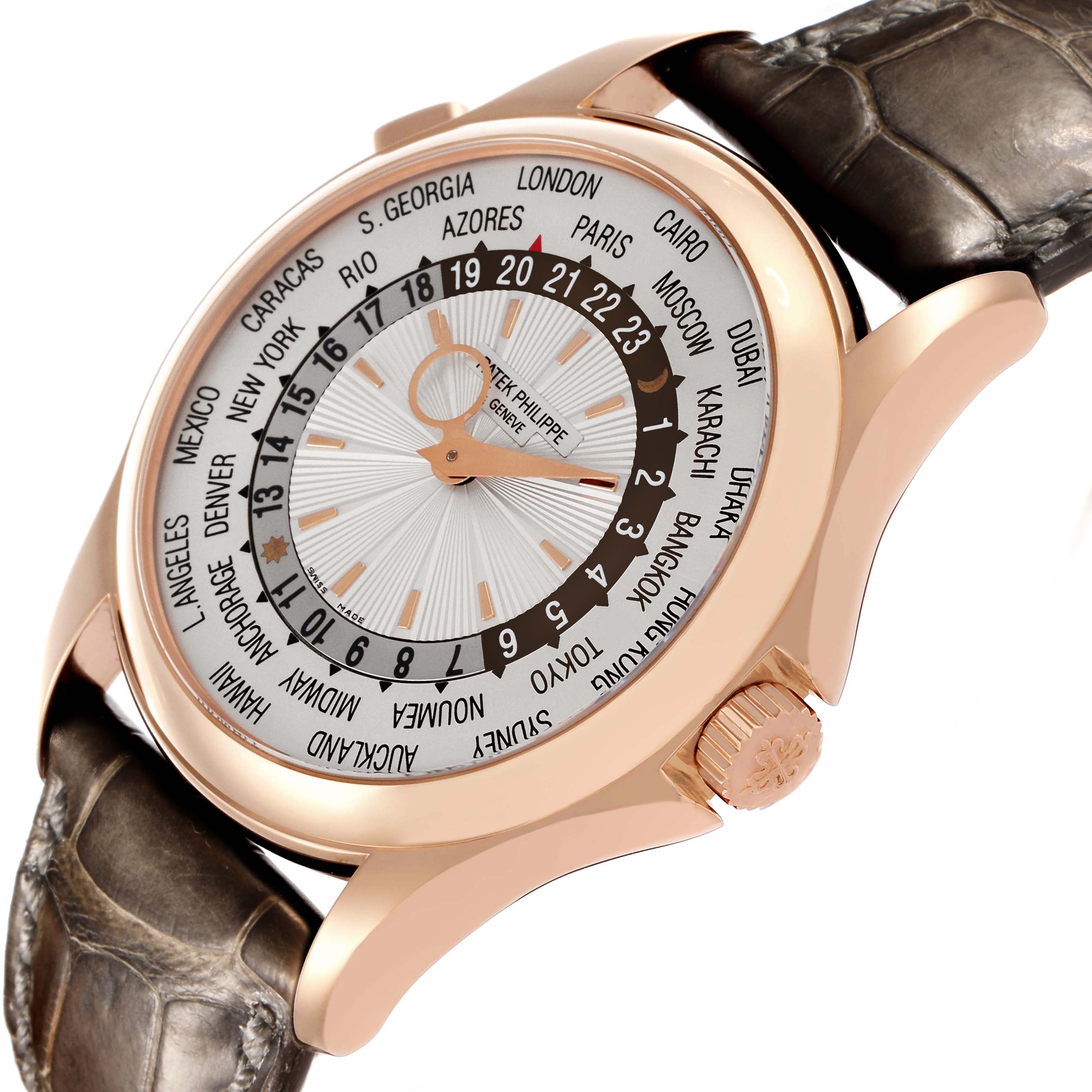 The Patek Philippe Complications 5130R Men's Rose Gold Silver Dial watch is shown from a side angle, highlighting the dial, case, and leather strap.