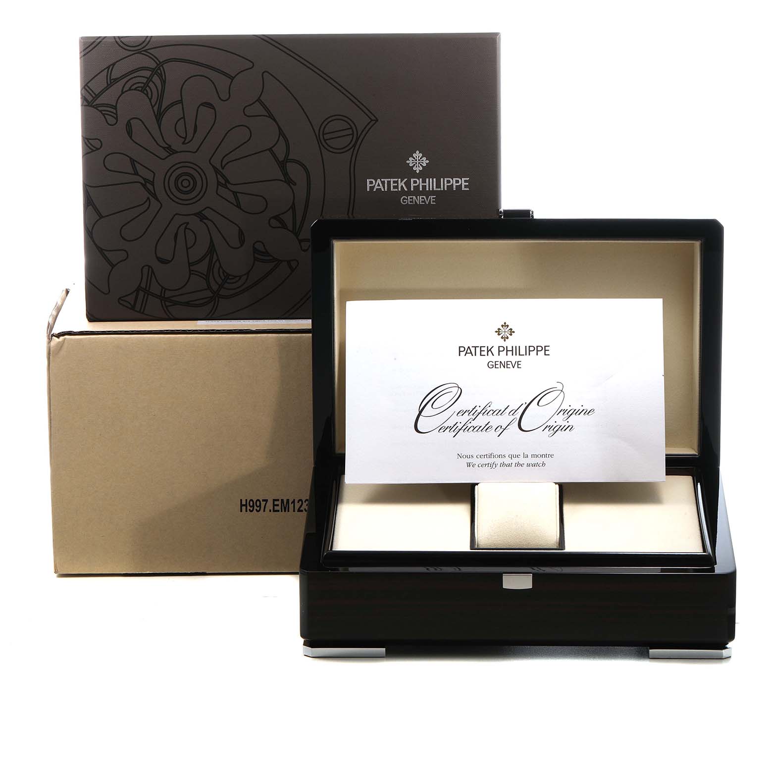 The image shows a Patek Philippe Complications 5130R Men's Rose Gold Silver Dial model box with a certificate inside, viewed from the front.