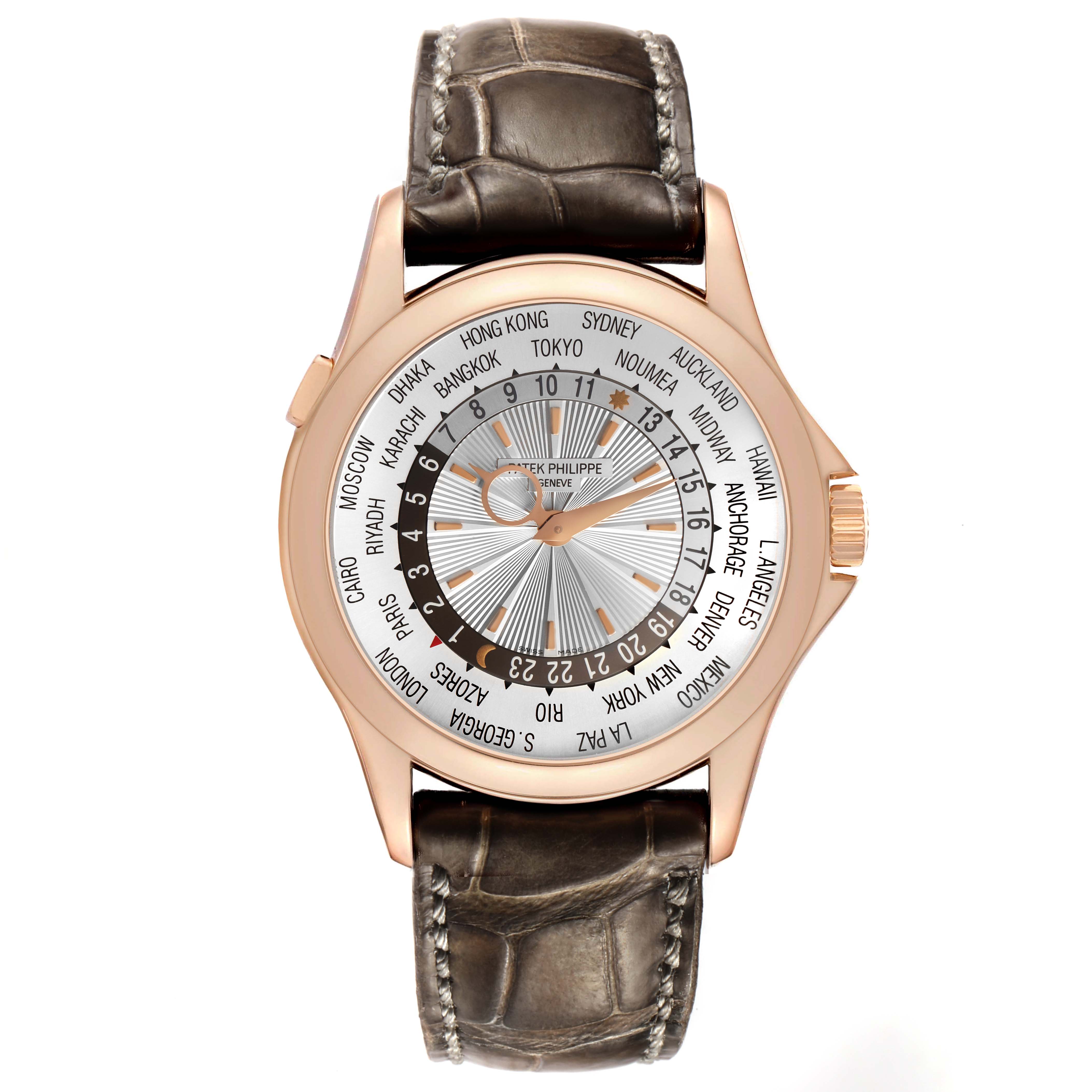 The Patek Philippe Complications 5130R Men's Rose Gold Silver Dial model is shown from a top-down angle, displaying the dial, bezel, and leather strap.