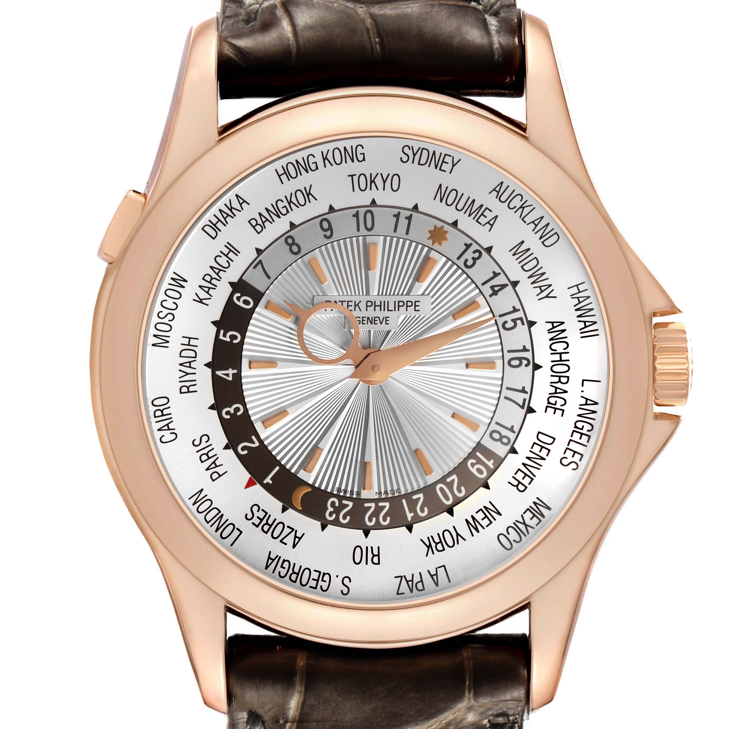 The image shows a top view of the Patek Philippe Complications 5130R Men's Rose Gold Silver Dial watch, highlighting its dial with world time cities and a leather strap.