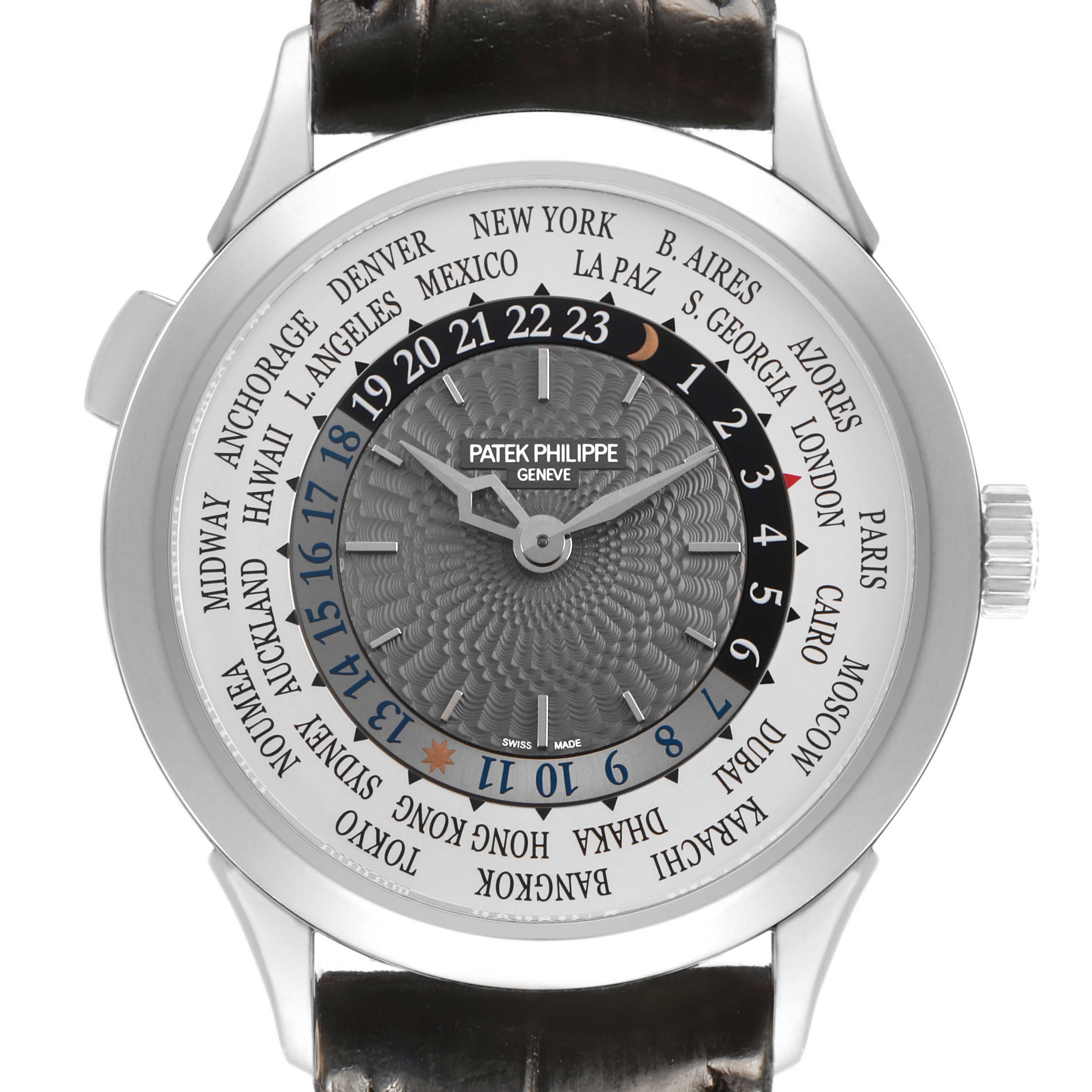 This image shows a front view of the Patek Philippe Complications 5230G Men's White Gold Grey Dial watch, highlighting its world time dial and city names.