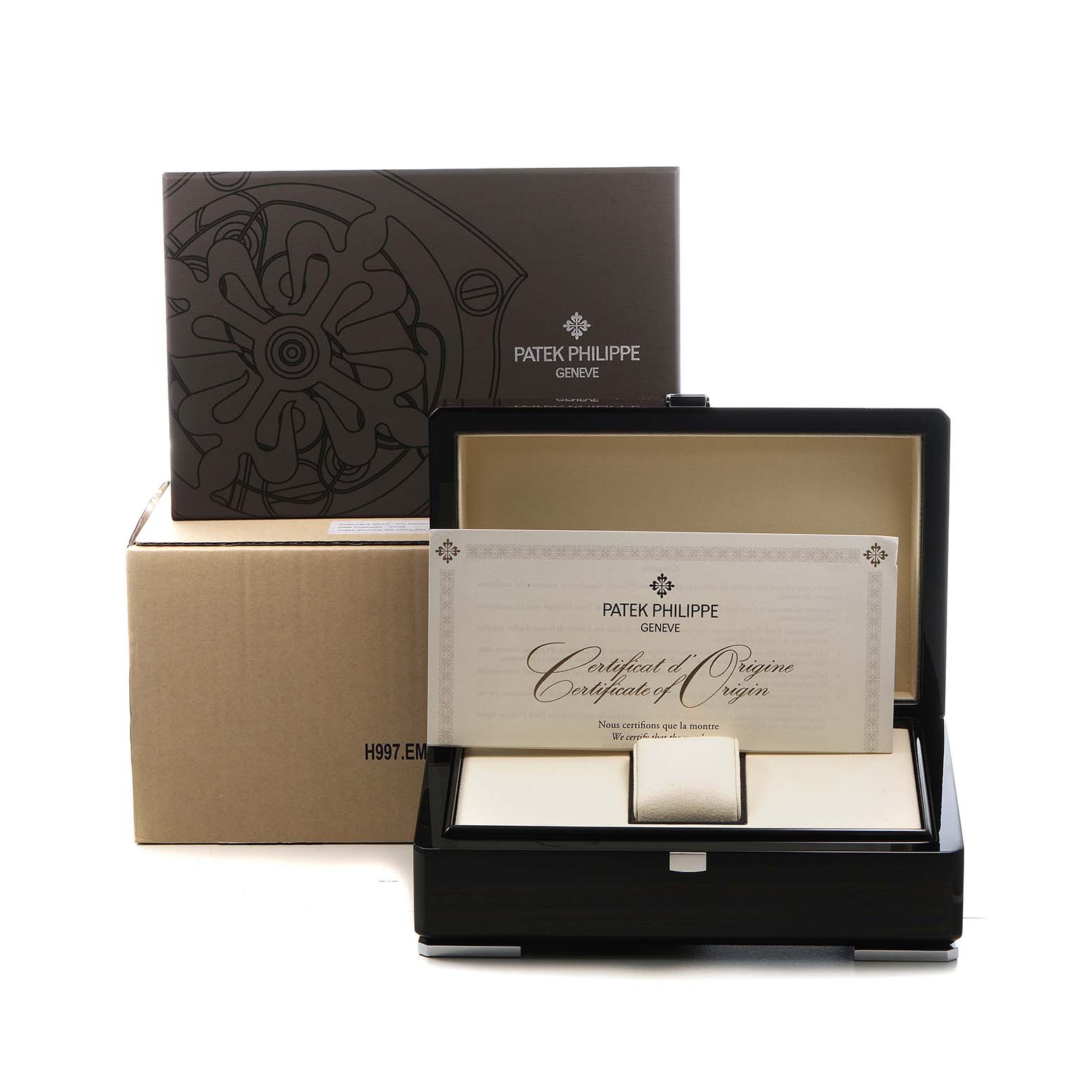 The image shows Patek Philippe Complications 5230G Men's White Gold Grey Dial packaging, with a box and a Certificate of Origin displayed.