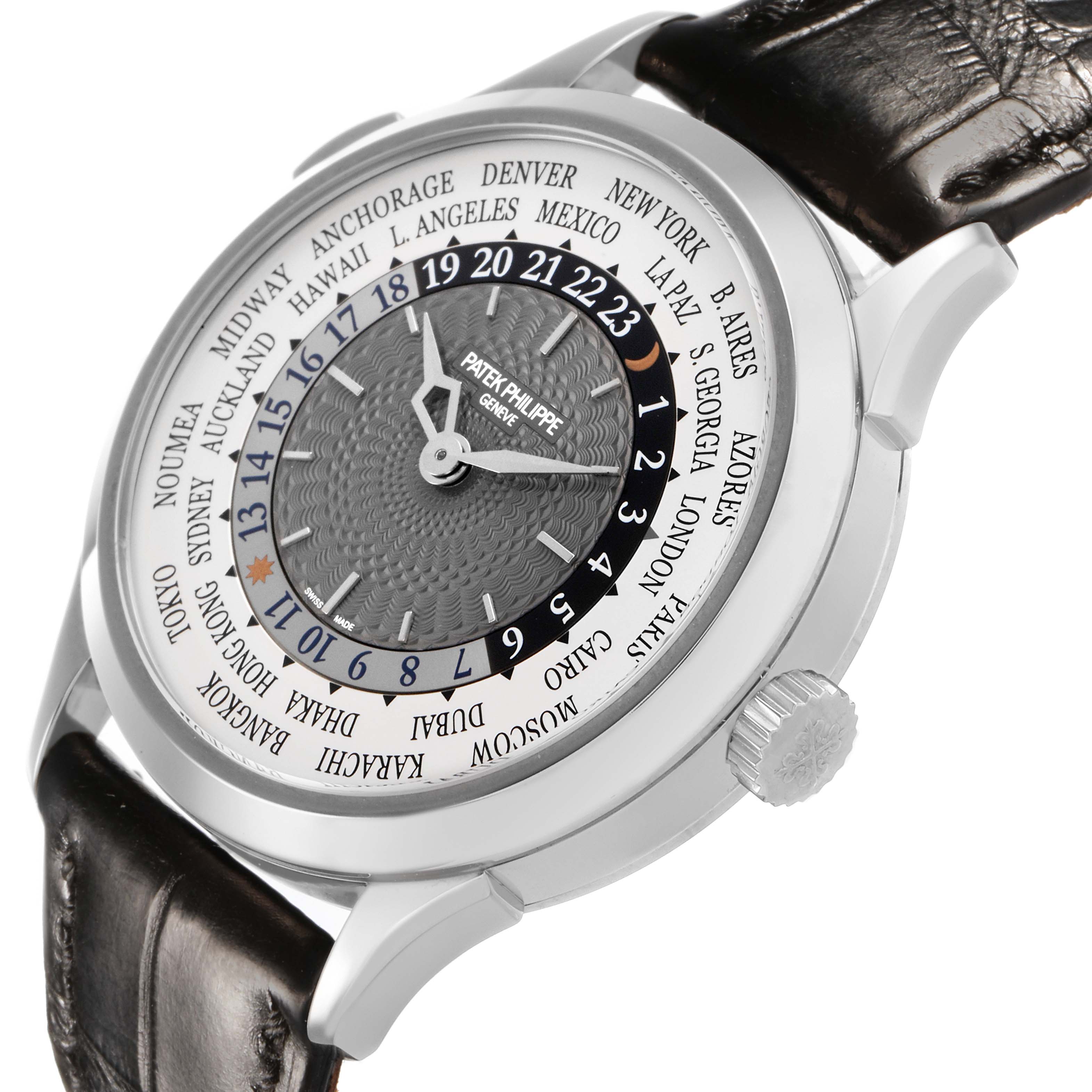 The Patek Philippe Complications 5230G Men's White Gold Grey Dial watch is shown at a slight angle, displaying the face, bezel, and crown, with a visible leather strap.