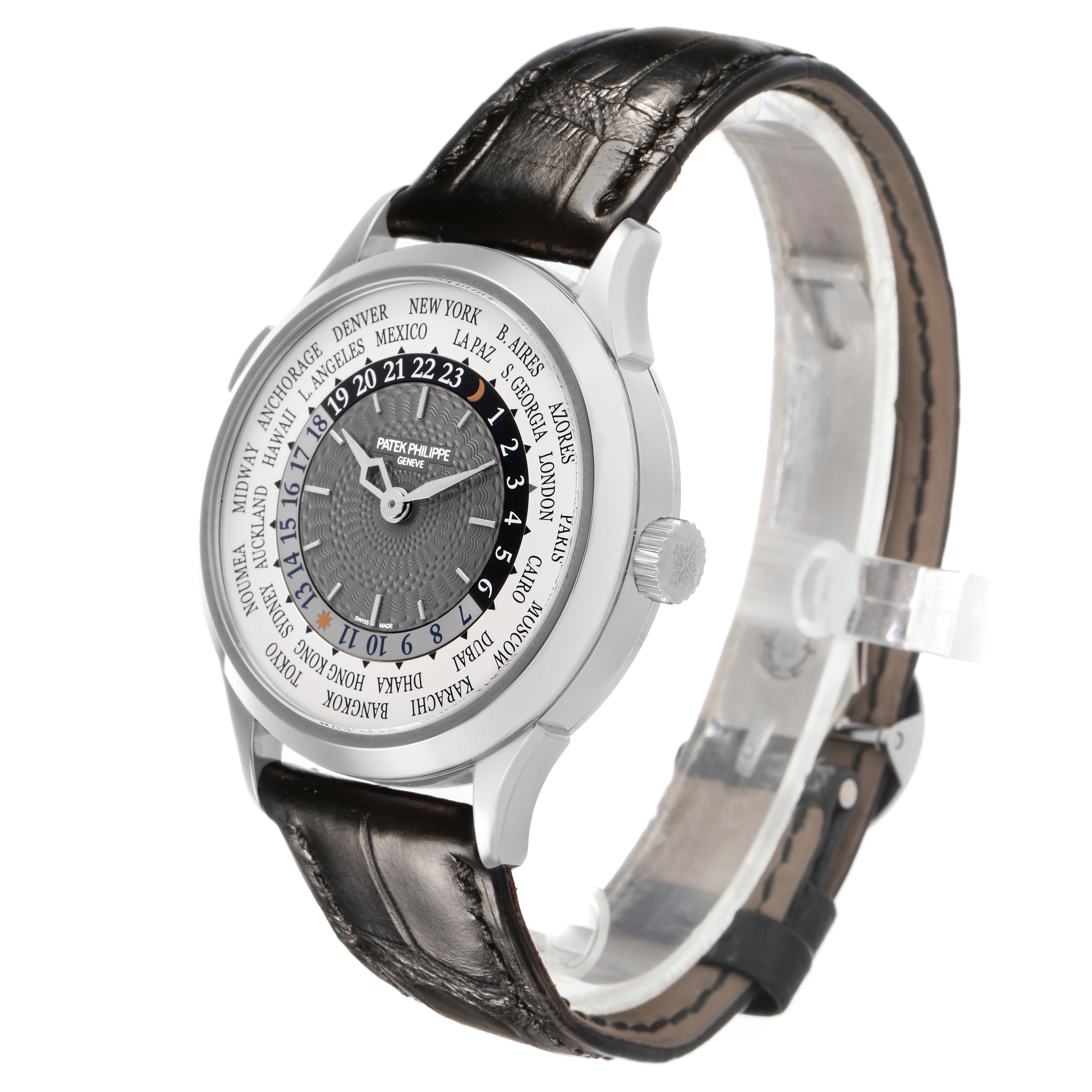 The Patek Philippe Complications 5230G Men's White Gold Grey Dial watch is shown at a slight angle, highlighting the dial, bezel, and leather strap.
