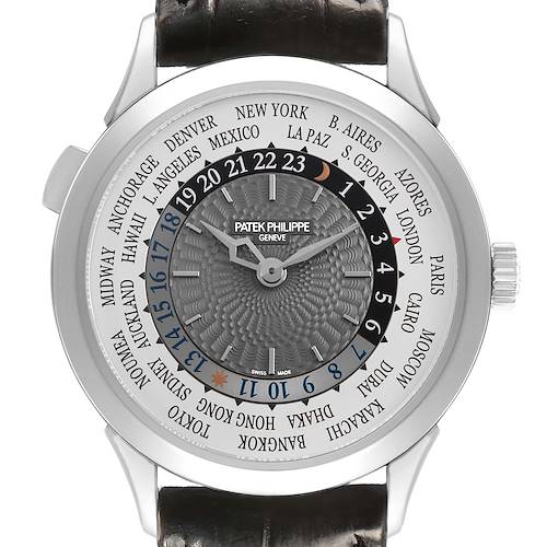 The watch is a Patek Philippe Complications 5230G Men's White Gold Grey Dial model, shown from the front, displaying the dial with world time and day-night indicators.