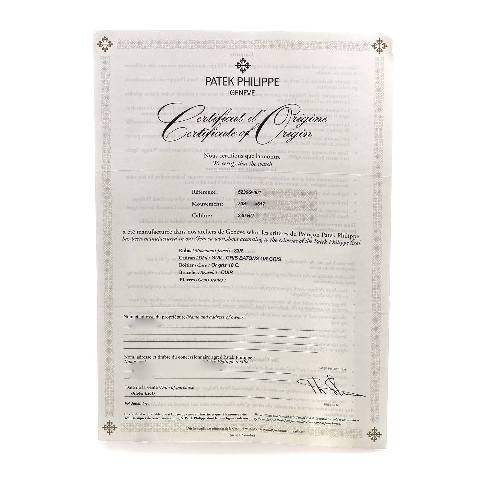 The image shows a Certificate of Origin for a Patek Philippe Complications 5230G Men's White Gold Grey Dial model, displaying details like reference number and movement.