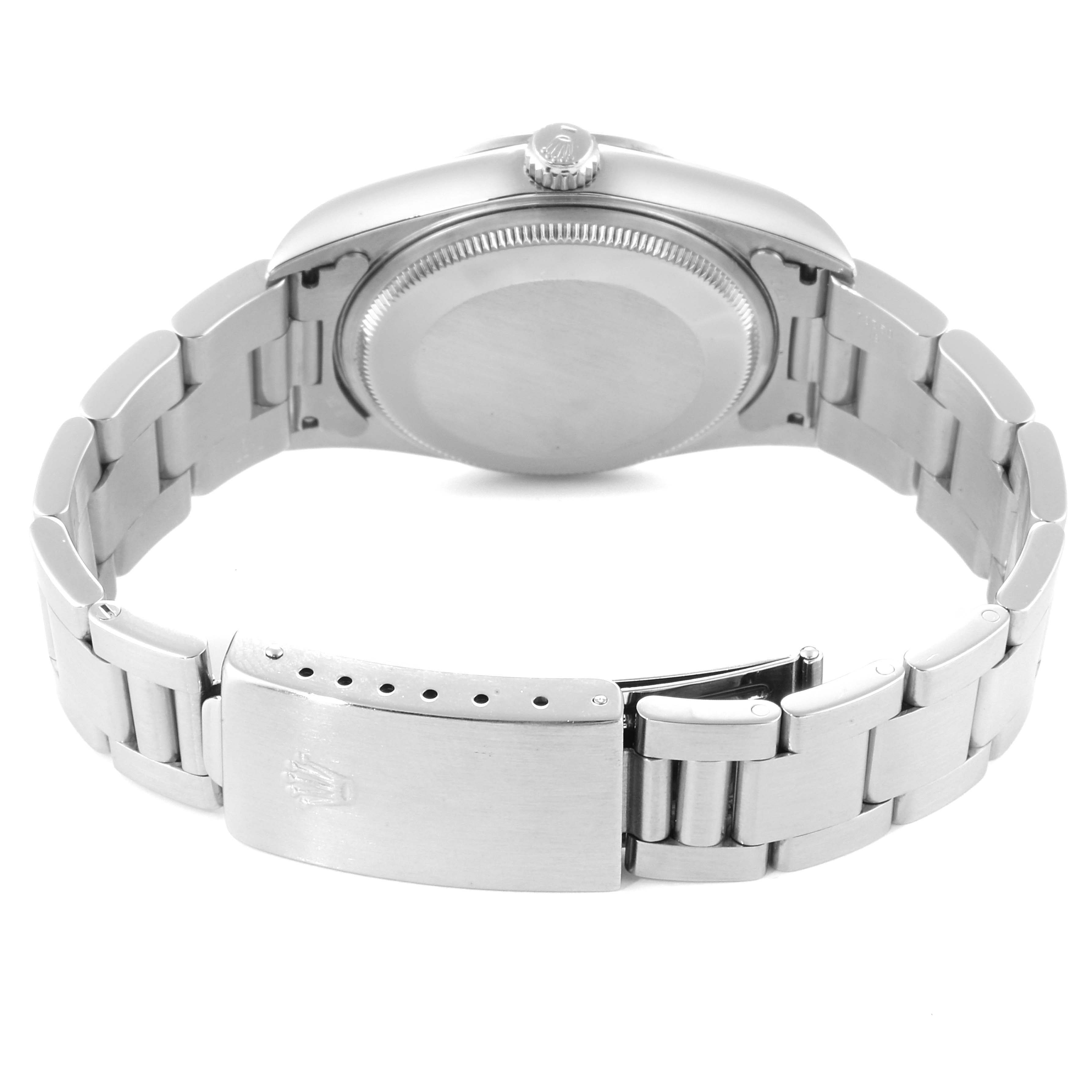 The image shows the back view of a Rolex Air-King 14000 Men's Stainless Steel Blue Dial 14000 Men's Stainless Steel Blue Dial watch, highlighting the case back, crown, and bracelet with the clasp.