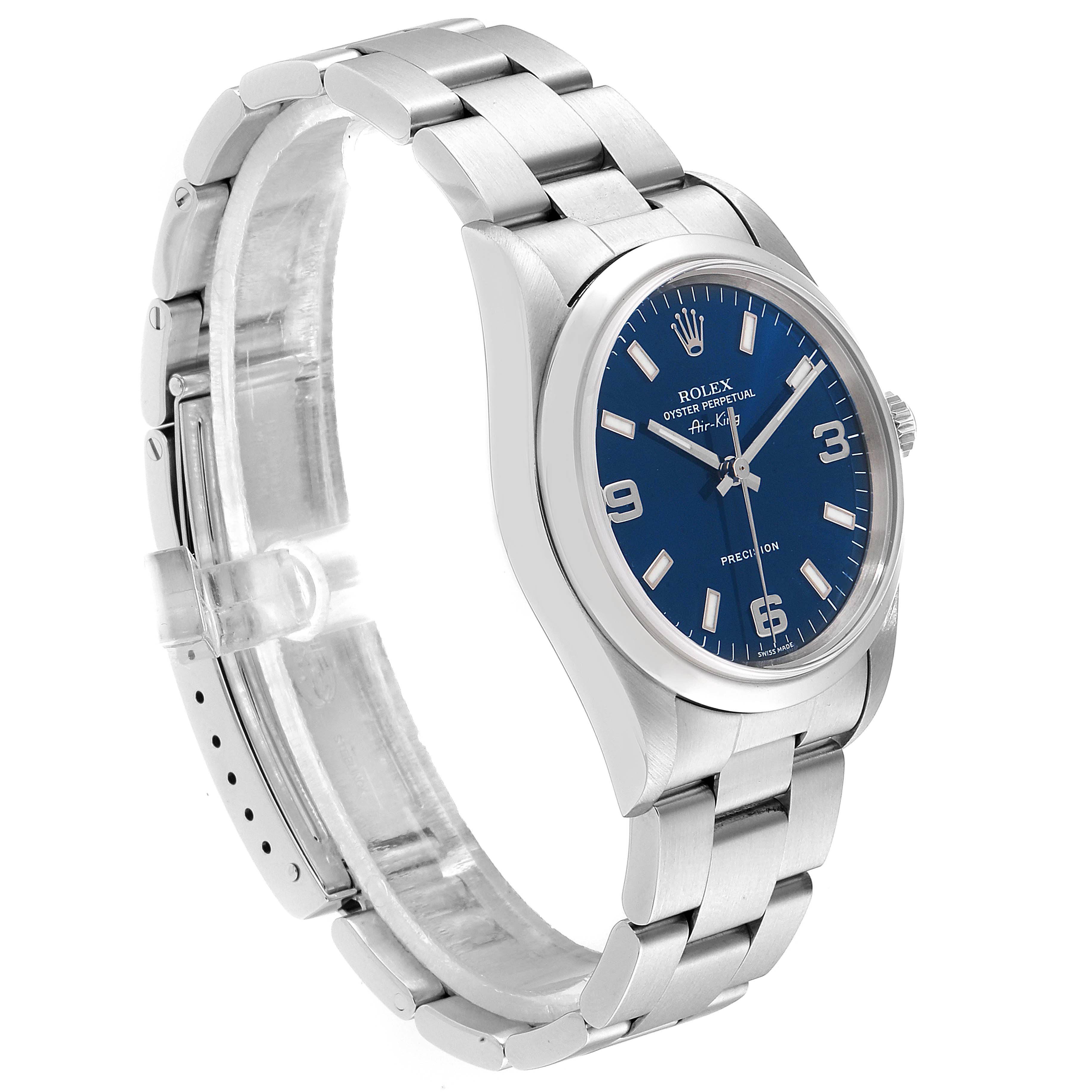 This image shows a Rolex Air-King 14000 Men's Stainless Steel Blue Dial 14000 Men's Stainless Steel Blue Dial watch at a three-quarter angle, highlighting the stainless steel bracelet, case, and blue dial.