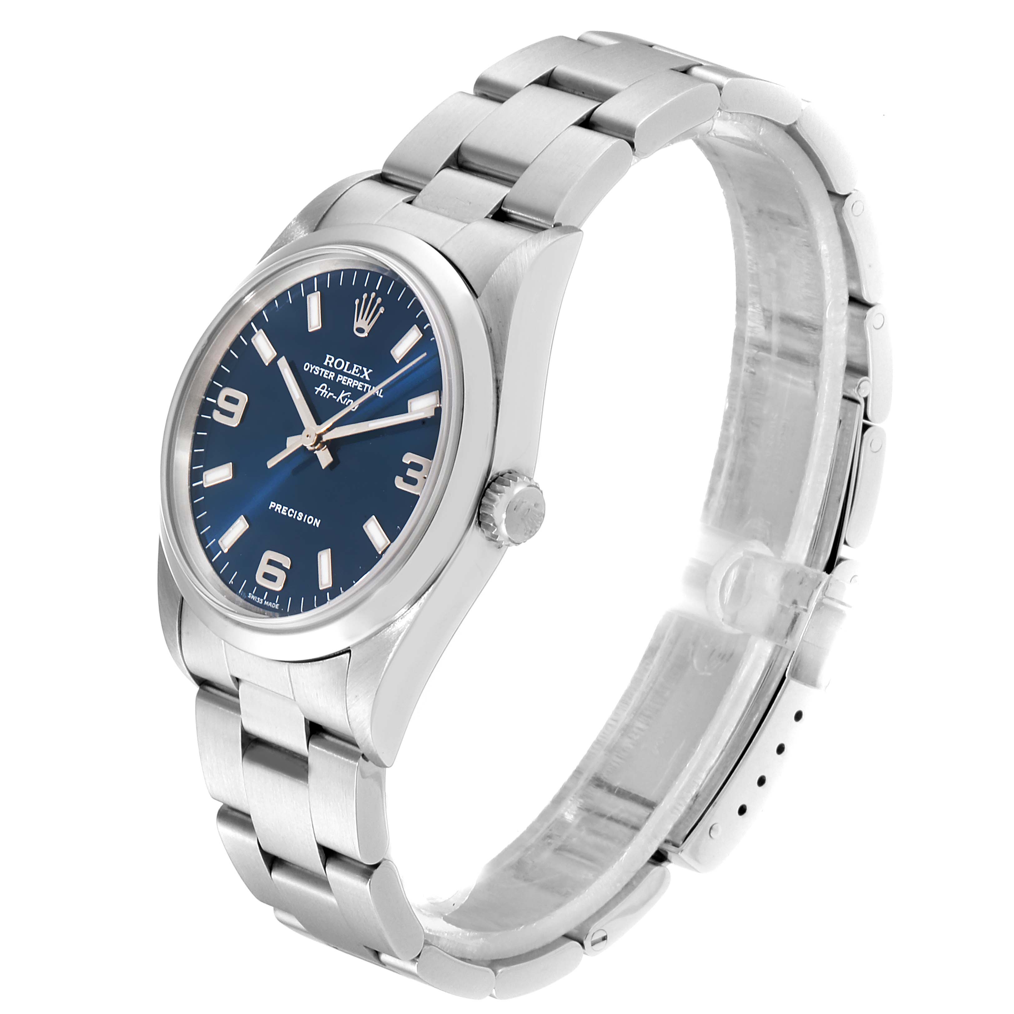 The Rolex Air-King 14000 Men's Stainless Steel Blue Dial 14000 Men's Stainless Steel Blue Dial watch is shown at an angle highlighting the face, crown, and metal bracelet.