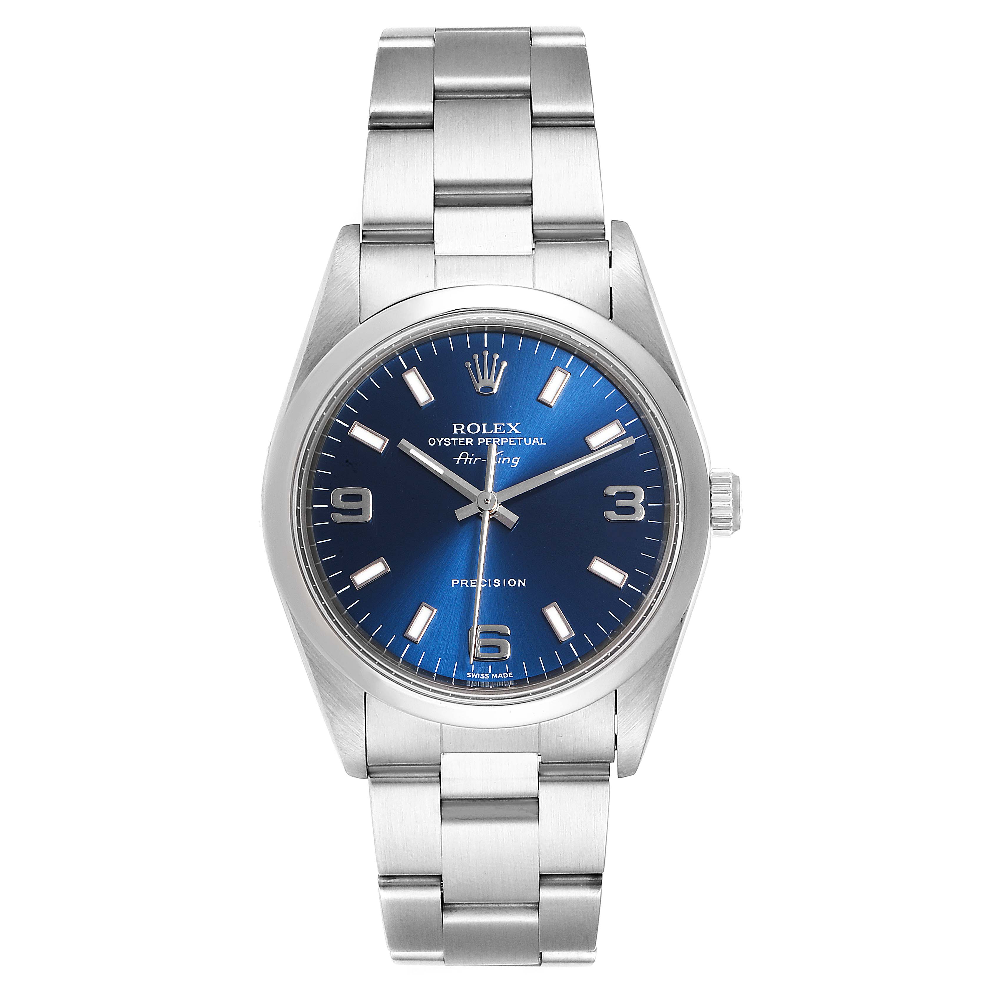 The Rolex Air-King 14000 Men's Stainless Steel Blue Dial 14000 Men's Stainless Steel Blue Dial watch is shown from a top-down angle, displaying its blue dial, silver bracelet, and crown.