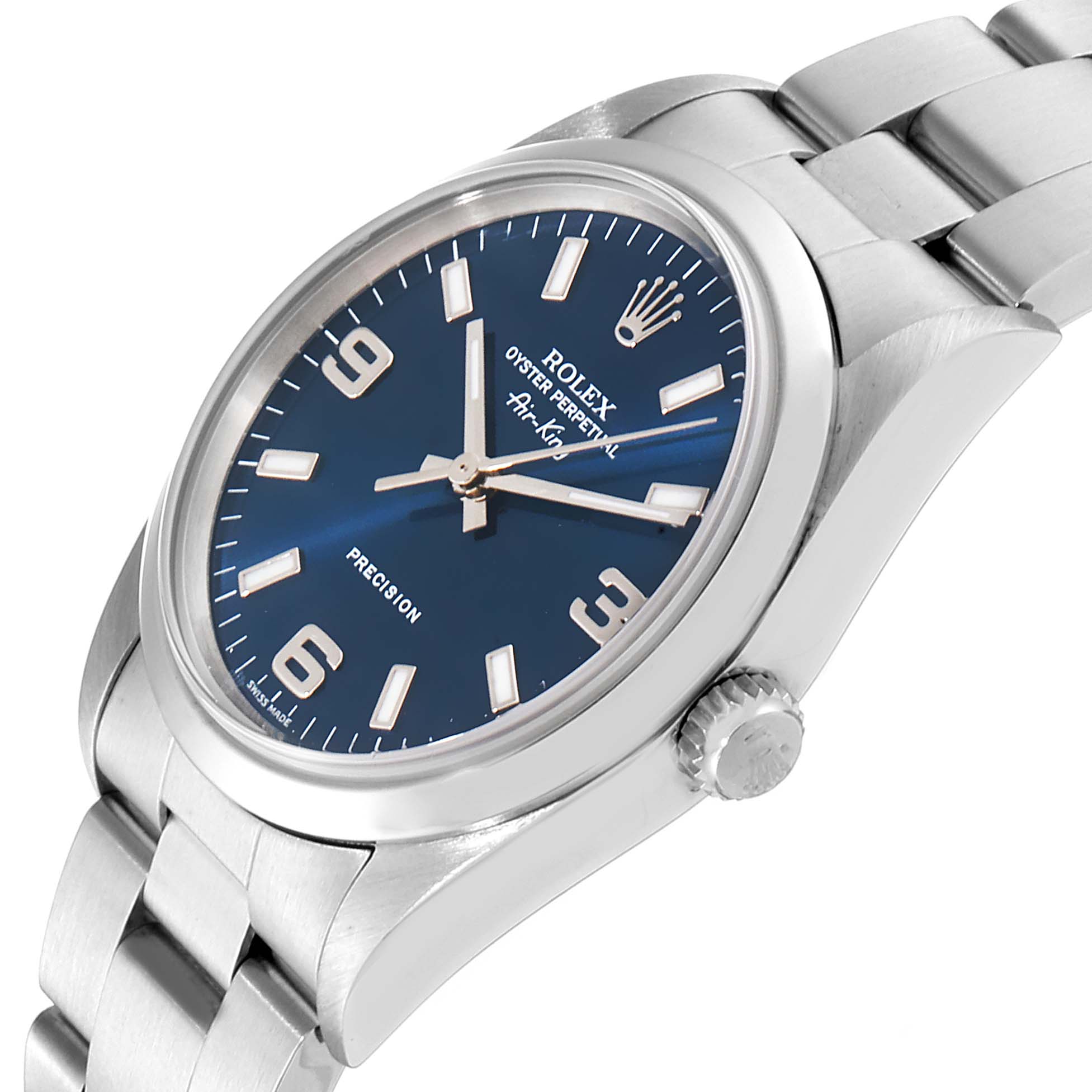 The image shows a Rolex Air-King 14000 Men's Stainless Steel Blue Dial 14000 Men's Stainless Steel Blue Dial watch at an angled side view, highlighting its blue dial, stainless steel case, and bracelet.