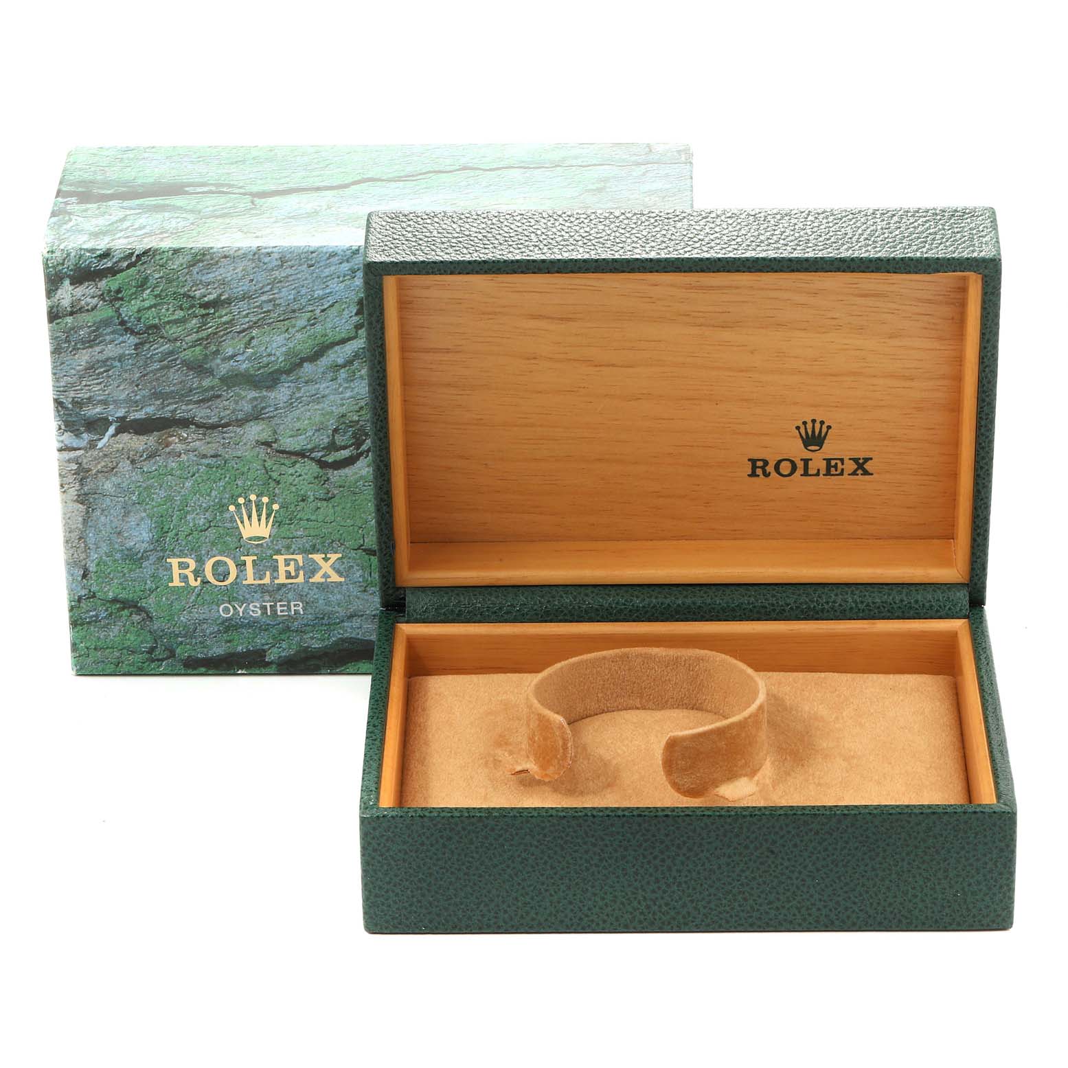 The image shows a Rolex Air-King 14000 Men's Stainless Steel Blue Dial 14000 Men's Stainless Steel Blue Dial watch box and its green exterior with the open interior lined in wood and suede for the watch cushion.