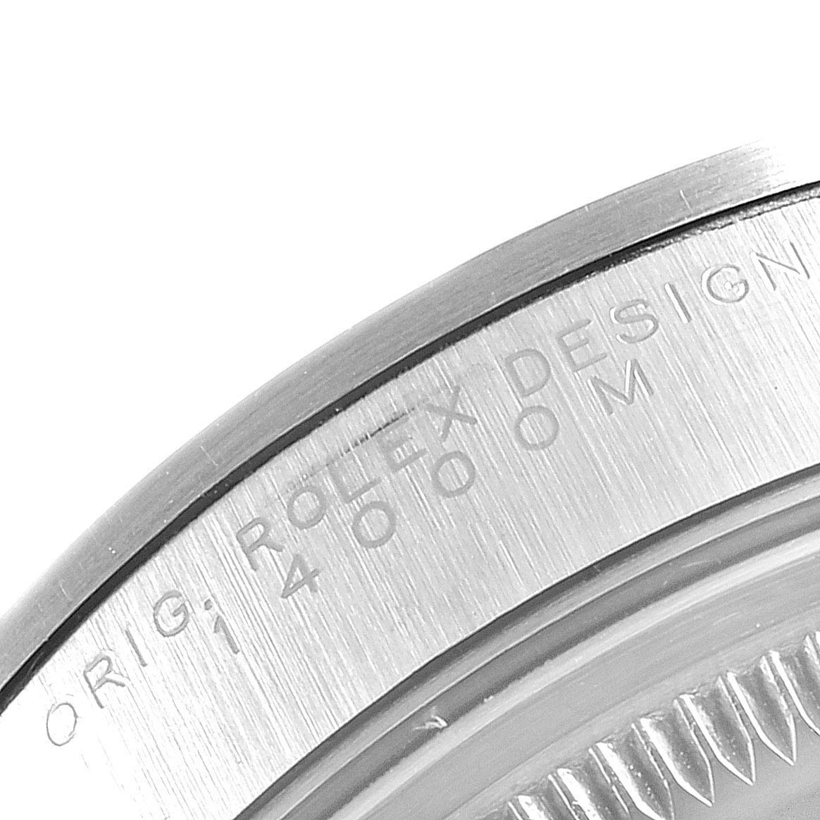 This image shows a close-up of the engravings on the case back of a Rolex Air-King 14000 Men's Stainless Steel Blue Dial 14000 Men's Stainless Steel Blue Dial watch.