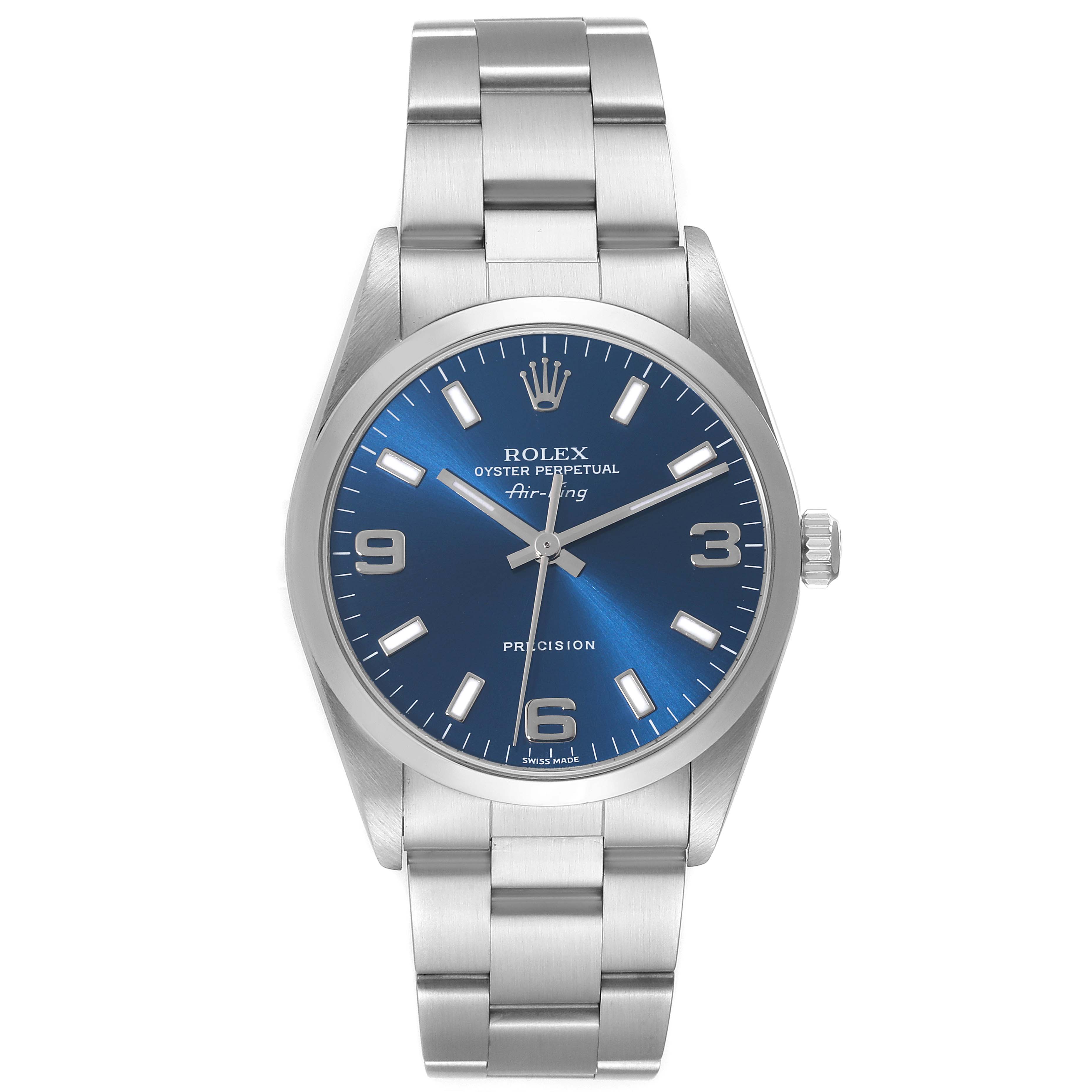 This is a frontal view of a Rolex Air-King 14000 Men's Stainless Steel Blue Dial 14000 Men's Stainless Steel Blue Dial watch, showing the face, bezel, crown, and bracelet.