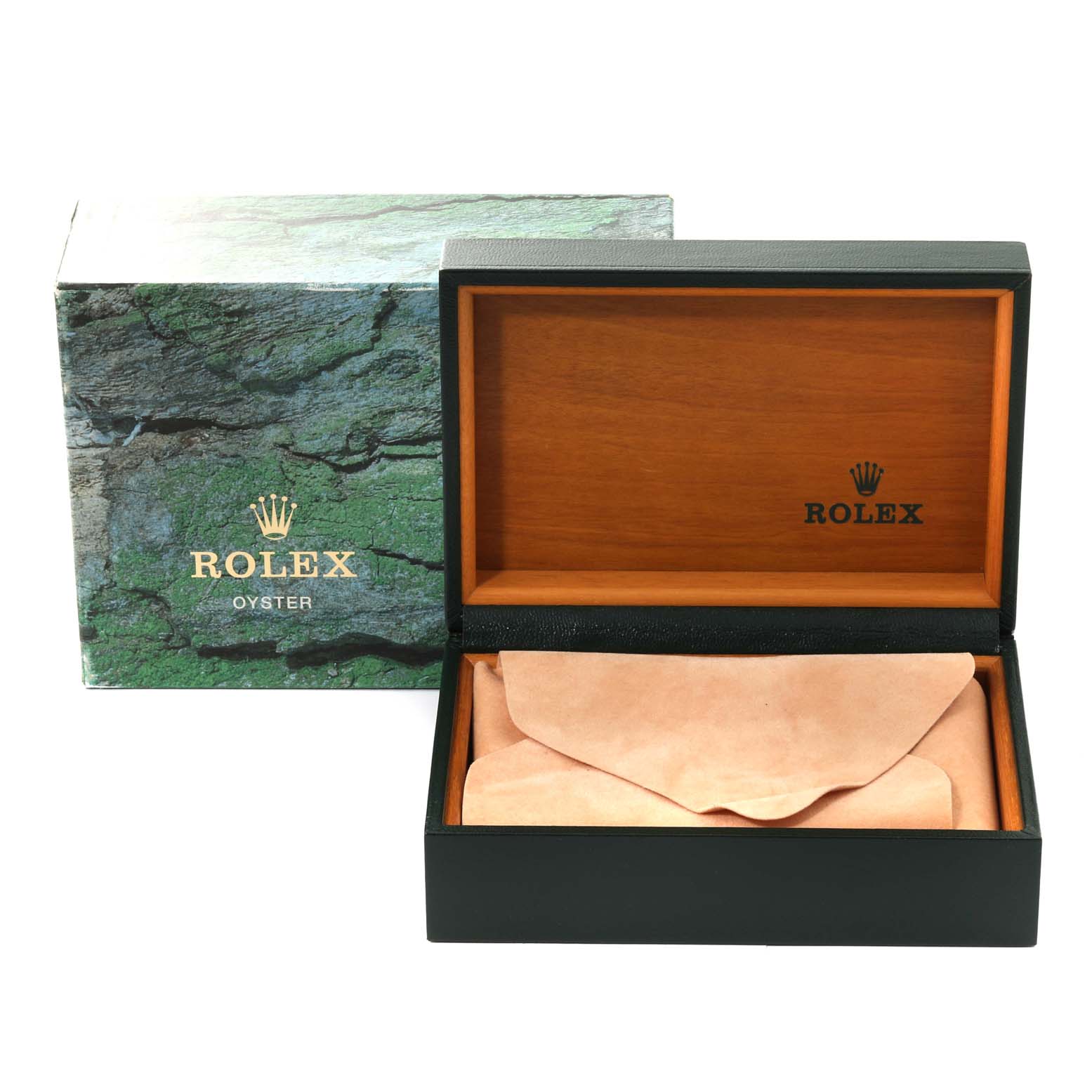 This image shows the open box for a Rolex Air-King 14000 Men's Stainless Steel Blue Dial 14000 Men's Stainless Steel Blue Dial watch, revealing its wooden interior and Rolex logo, alongside the green outer box.