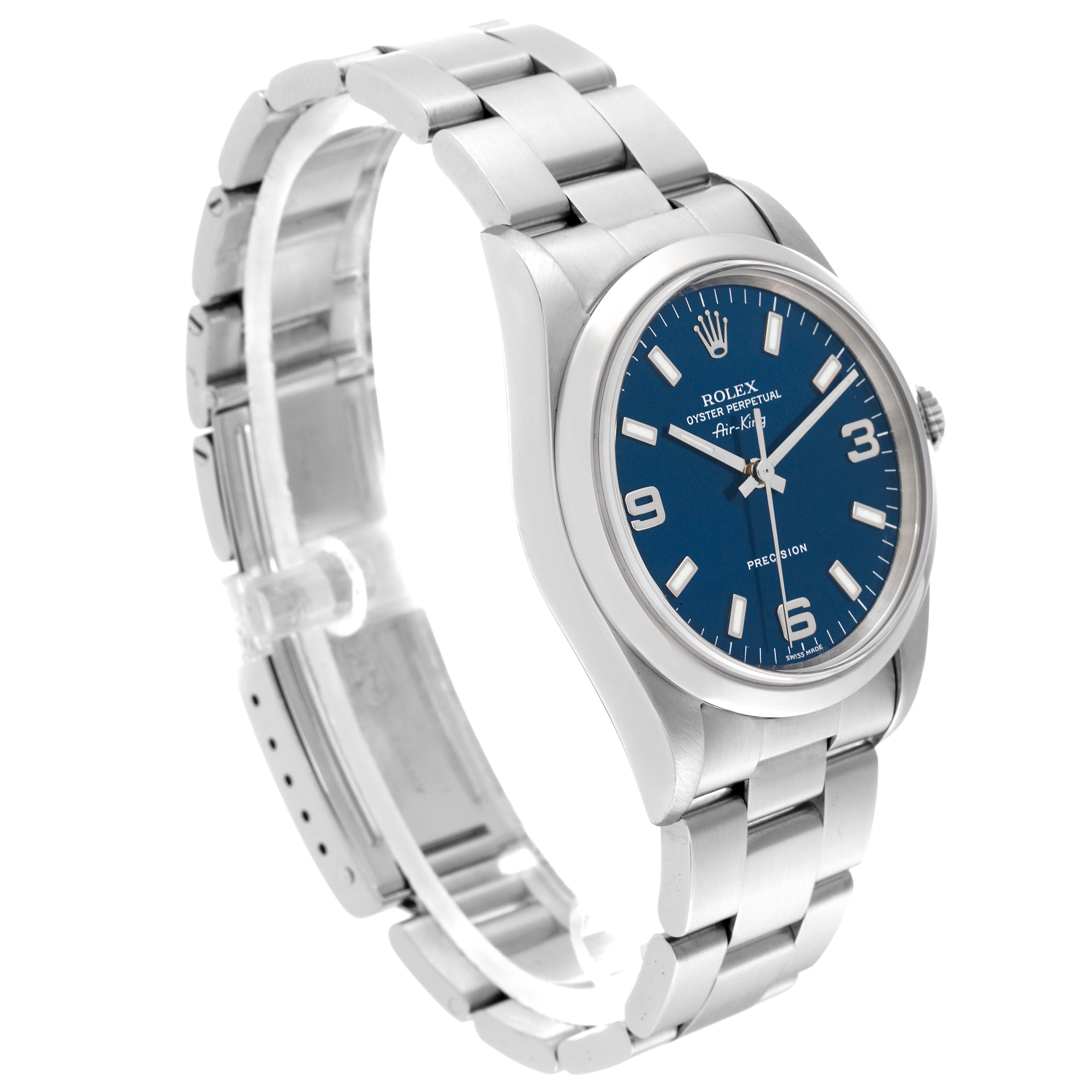 The Rolex Air-King 14000 Men's Stainless Steel Blue Dial 14000 Men's Stainless Steel Blue Dial watch is shown at an oblique angle, highlighting its blue dial, stainless steel case, and bracelet.