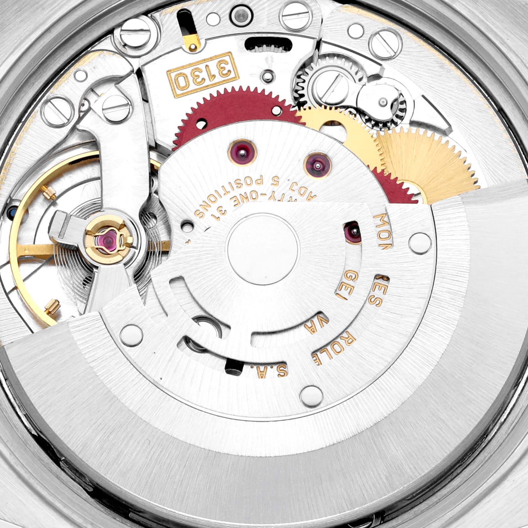 This close-up image shows the intricate inner mechanics of the Rolex Air-King 14000 Men's Stainless Steel Blue Dial 14000 Men's Stainless Steel Blue Dial watch, highlighting gears, cogs, and the rotor.