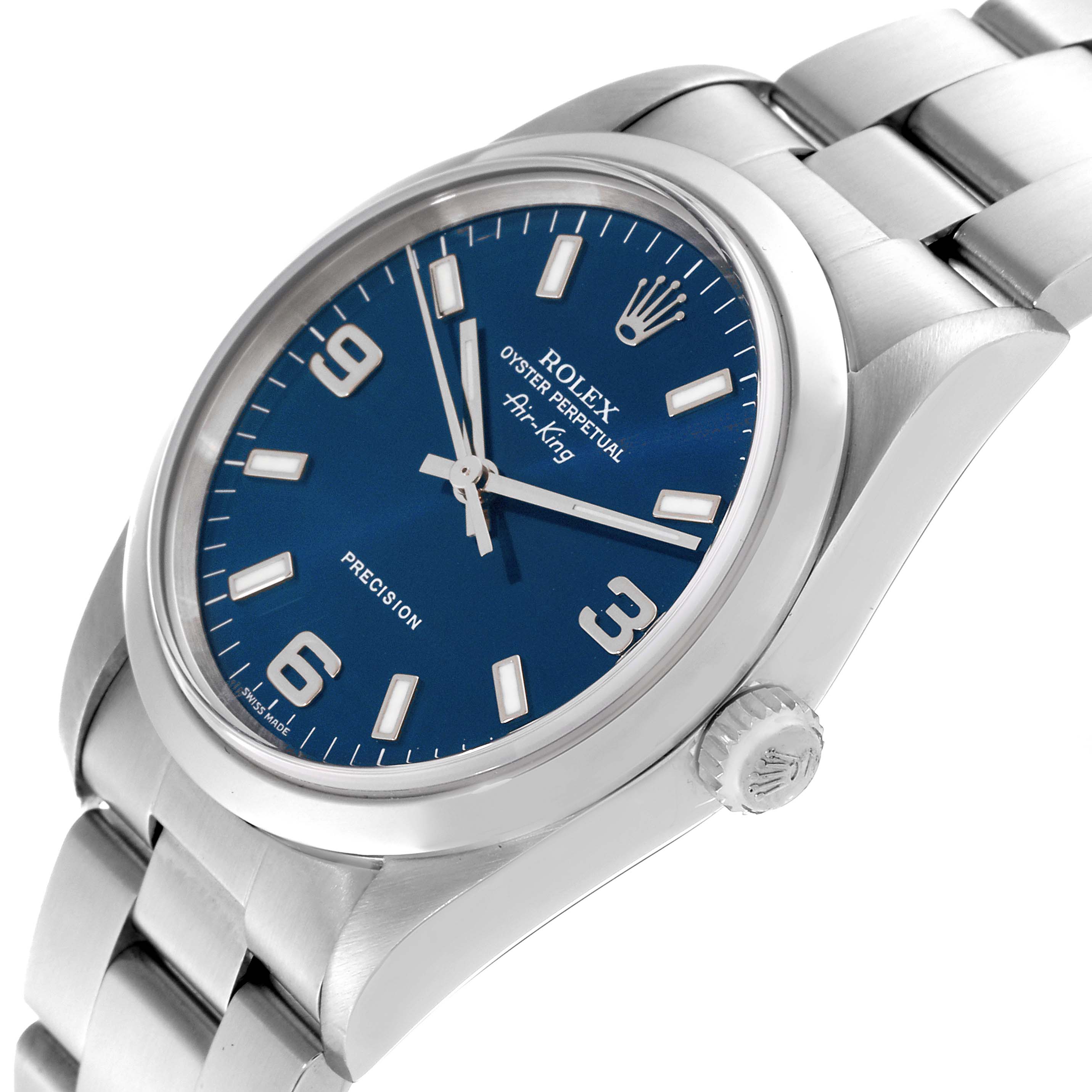 The Rolex Air-King 14000 Men's Stainless Steel Blue Dial 14000 Men's Stainless Steel Blue Dial watch is shown at a slight angle, highlighting its face, bezel, crown, and bracelet.