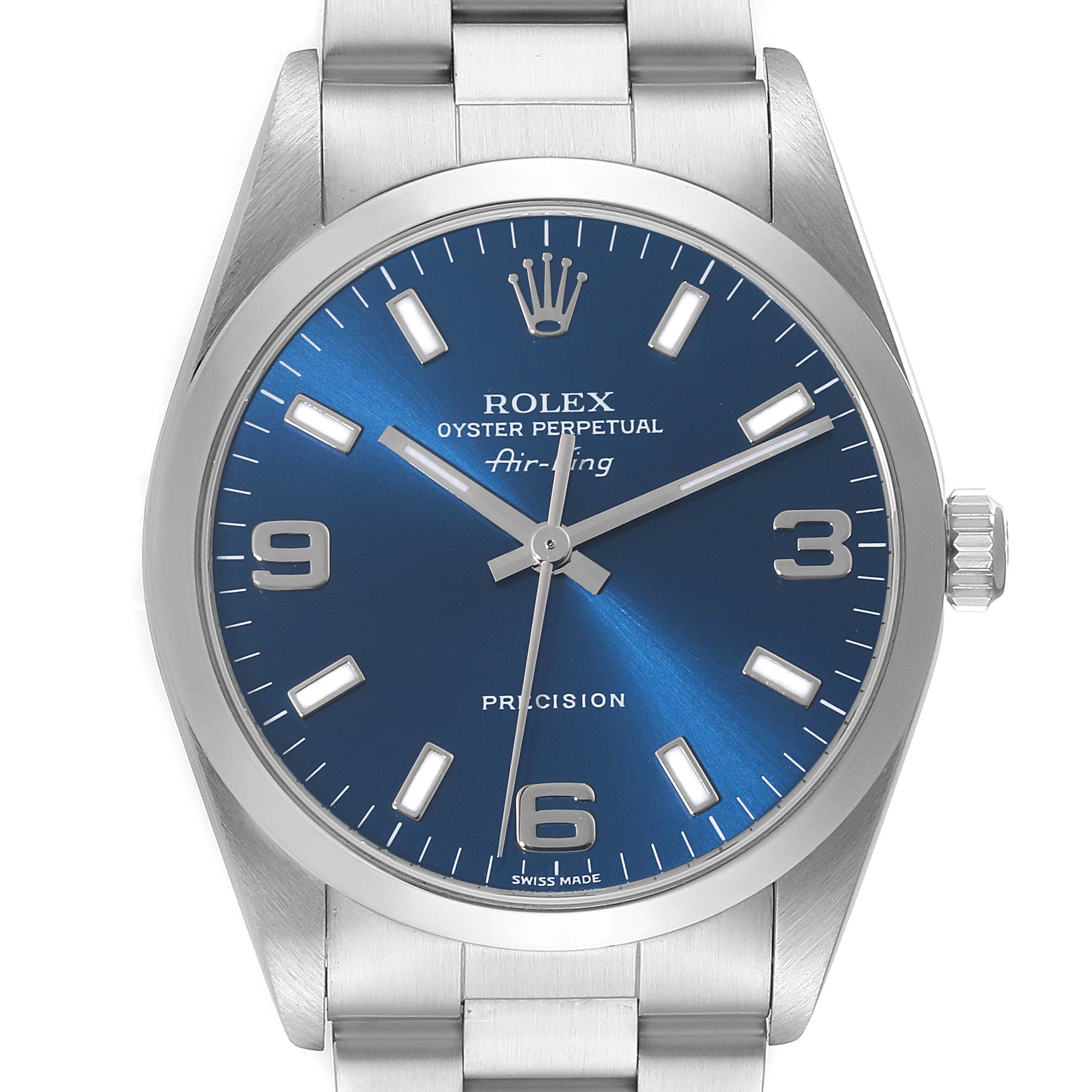 This is a front view of a Rolex Air-King 14000 Men's Stainless Steel Blue Dial 14000 Men's Stainless Steel Blue Dial watch, showing the blue dial, hour markers, crown, and part of the metal bracelet.