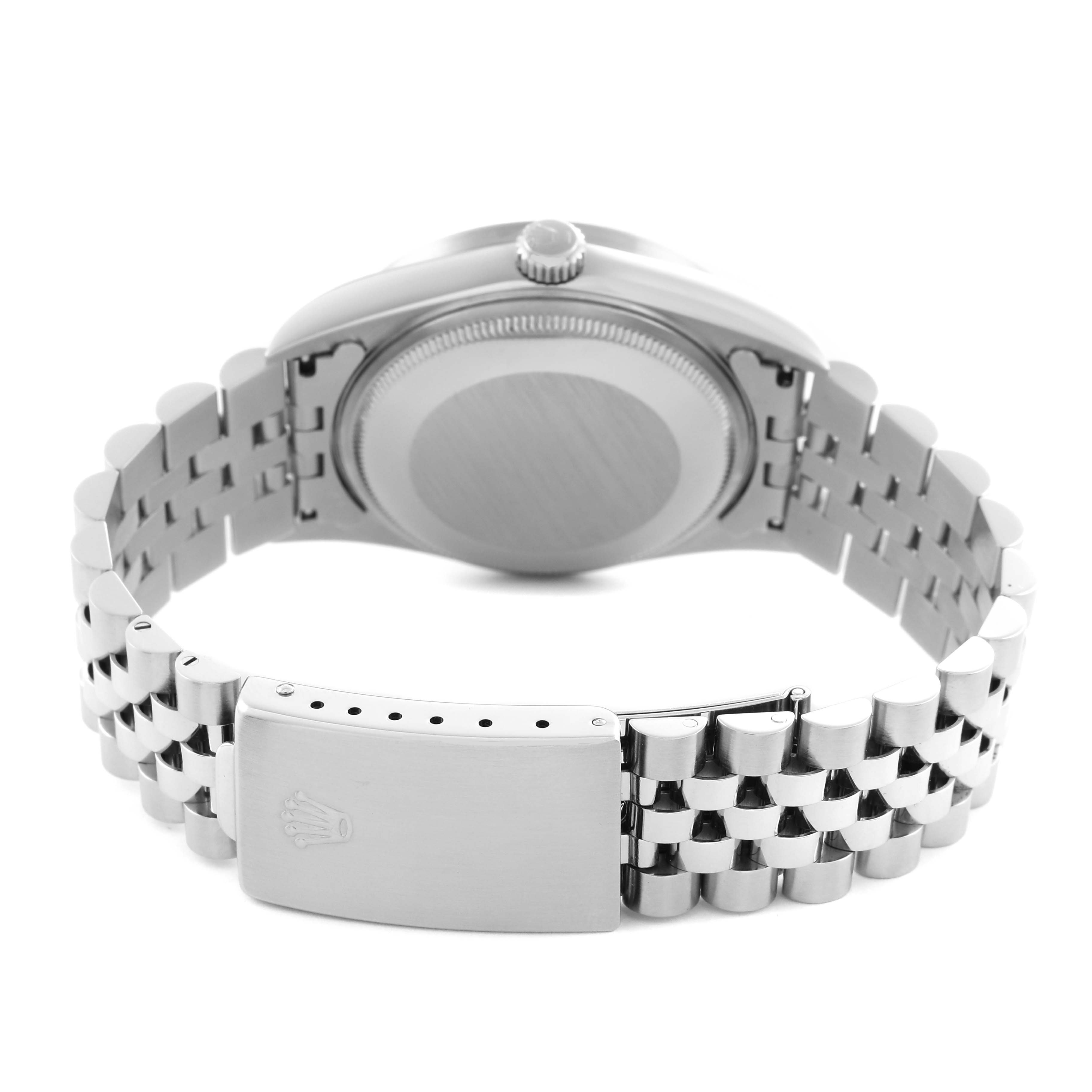 The Rolex Air-King 14010 Men's Stainless Steel Black Dial 14010 Men's Stainless Steel Black Dial watch is shown from the back, highlighting the case back and the bracelet clasp.