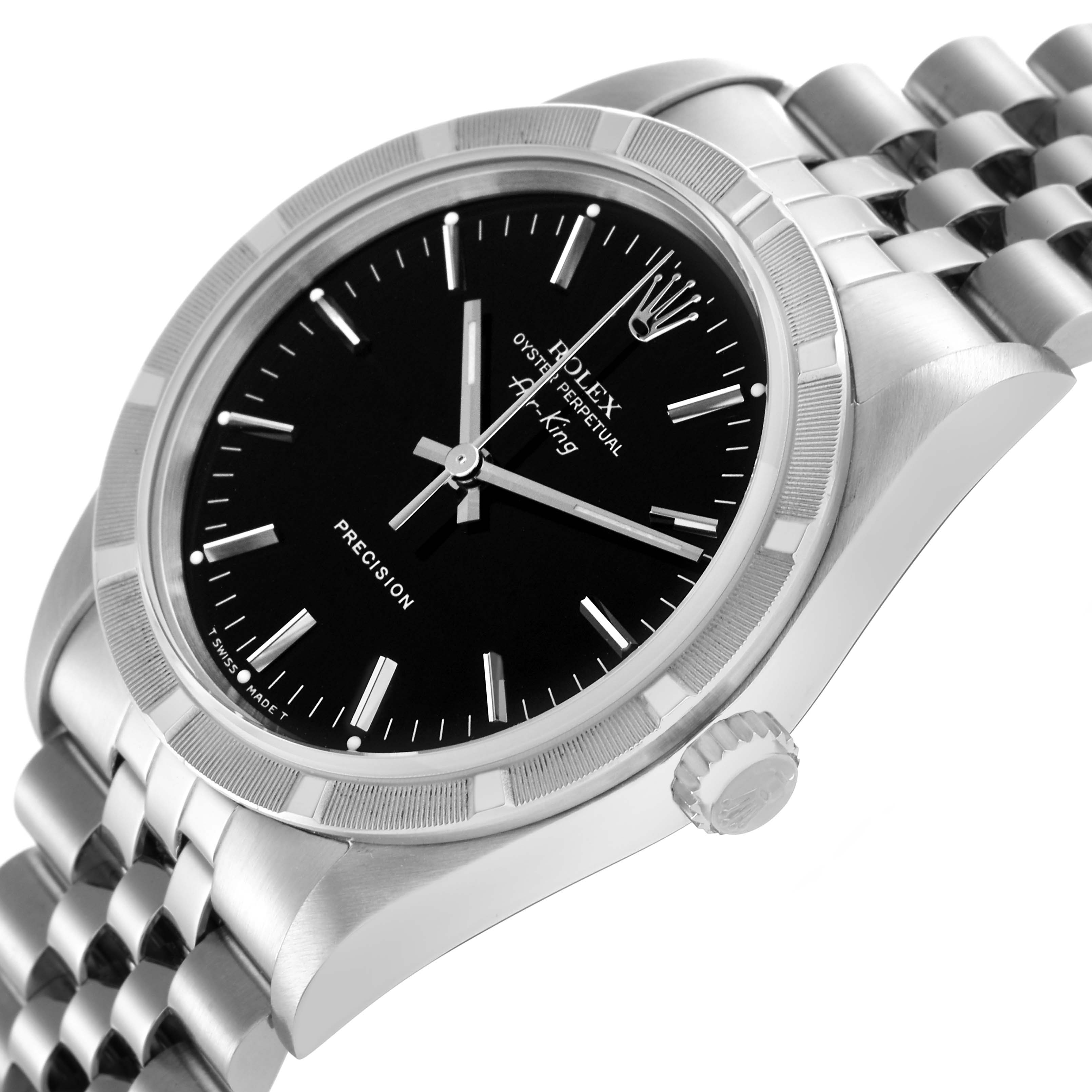 The Rolex Air-King 14010 Men's Stainless Steel Black Dial 14010 Men's Stainless Steel Black Dial watch is shown at a slight side angle, highlighting the dial, bezel, crown, and part of the bracelet.