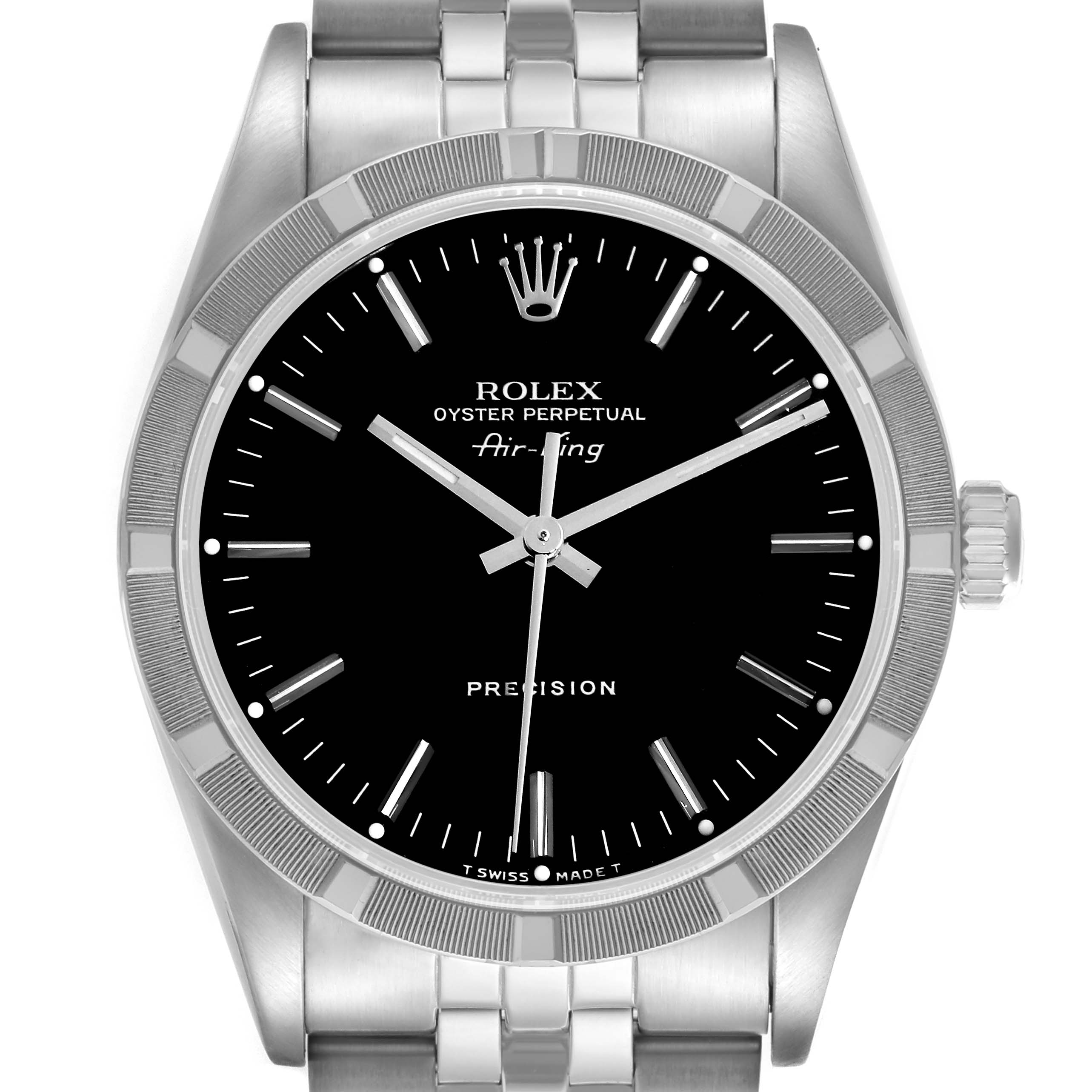 The Rolex Air-King 14010 Men's Stainless Steel Black Dial 14010 Men's Stainless Steel Black Dial watch is shown from a front angle, displaying its dial, bezel, crown, and part of the bracelet.
