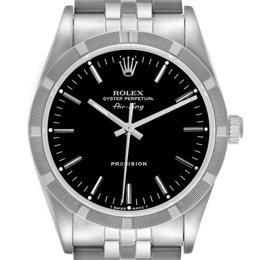 The Rolex Air-King watch is shown from a front angle, displaying its dial, bezel, crown, and part of the bracelet.