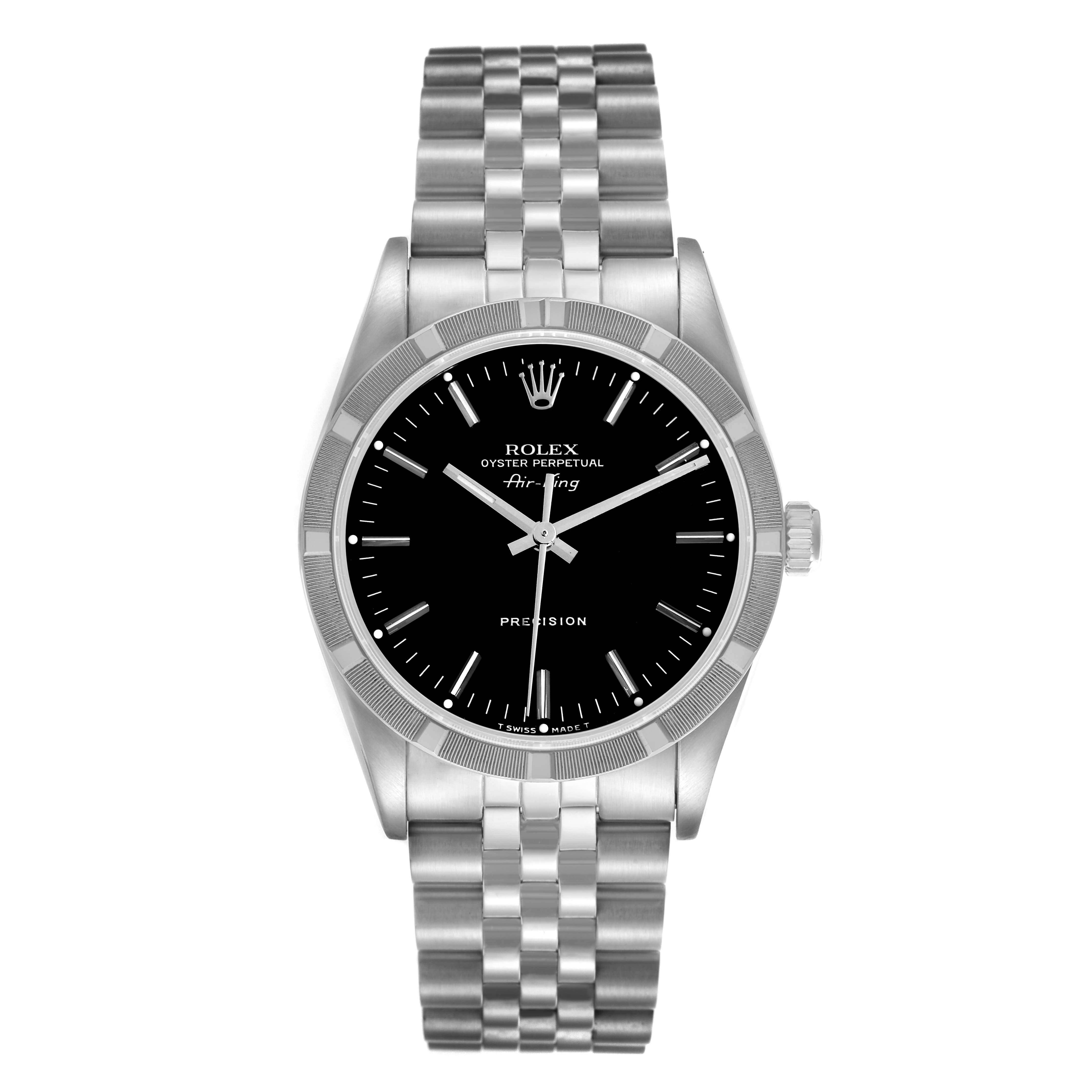The Rolex Air-King 14010 Men's Stainless Steel Black Dial 14010 Men's Stainless Steel Black Dial watch is shown from a front angle, highlighting the black dial, silver hands, and metal bracelet.