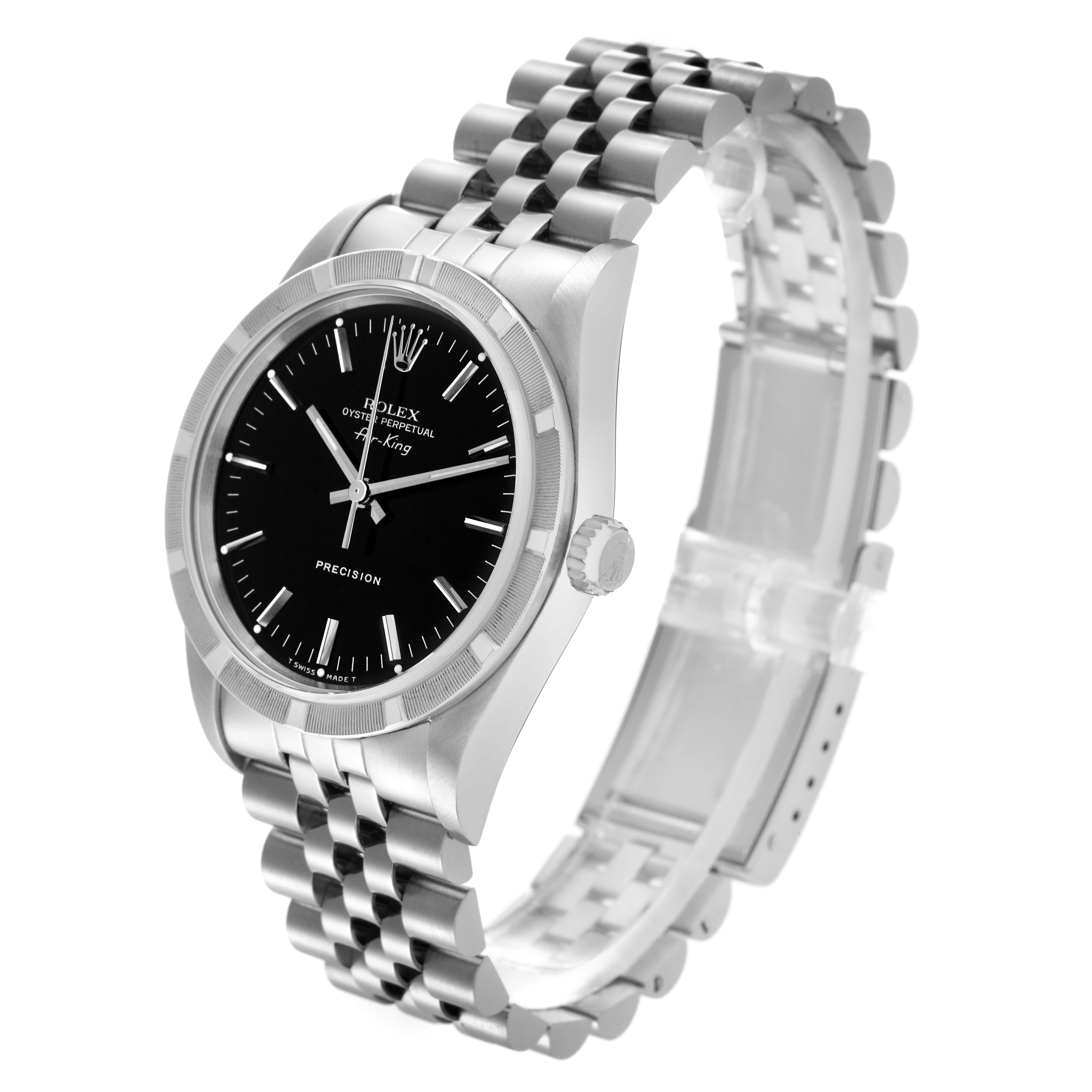 The Rolex Air-King 14010 Men's Stainless Steel Black Dial 14010 Men's Stainless Steel Black Dial watch is shown at a three-quarter angle, displaying the face, case, crown, and bracelet.