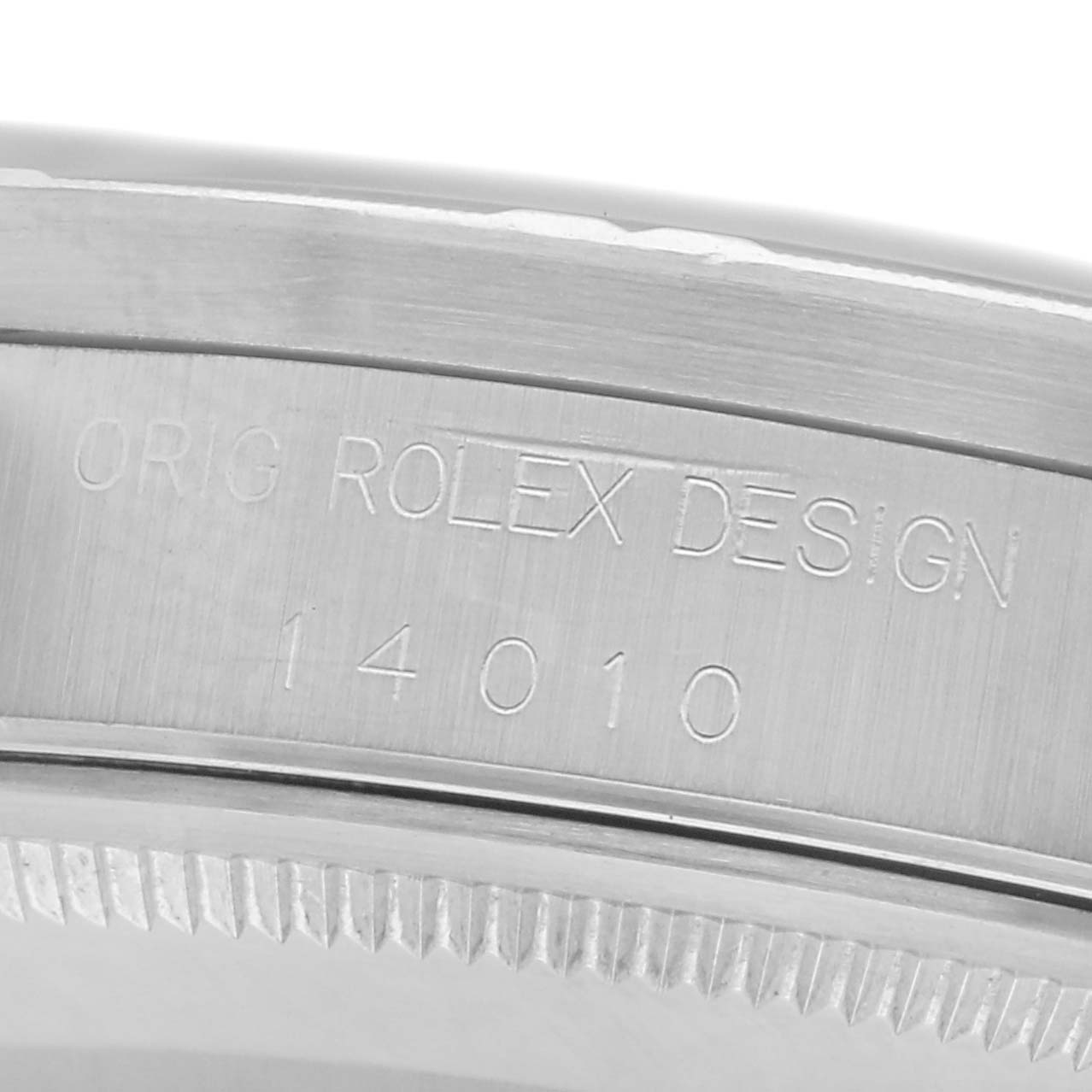 The image shows a close-up of the case side of a Rolex Air-King 14010 Men's Stainless Steel Black Dial 14010 Men's Stainless Steel Black Dial, highlighting the engraved model number and "Orig Rolex Design."