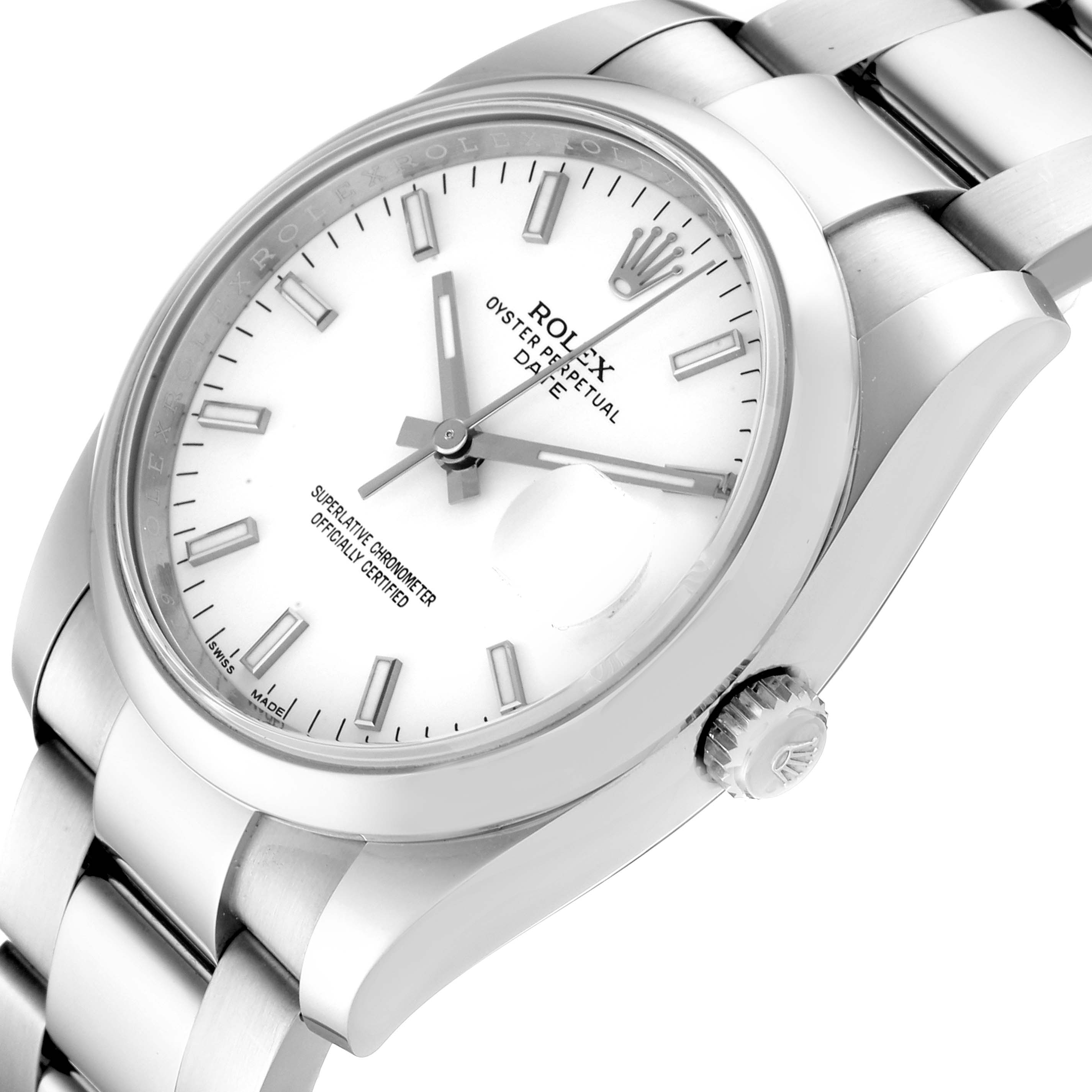 This image shows a close-up view of a Rolex Oyster Perpetual Date watch, highlighting the face, bezel, crown, and bracelet at an angled perspective.