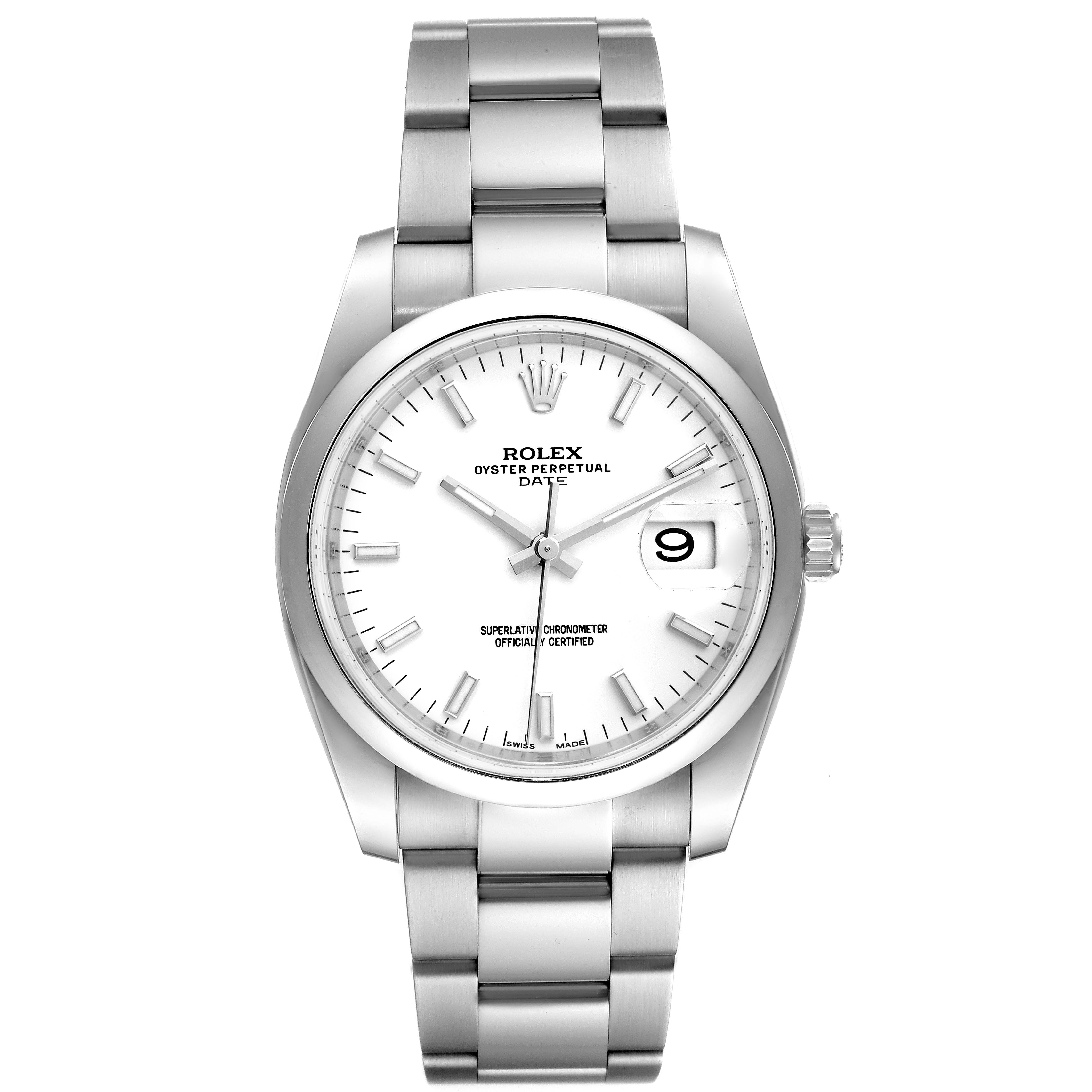 The image shows the full face and bracelet of a Rolex Date 115200 Men's Stainless Steel White Dial 115200 Men's Stainless Steel White Dial model watch from a front angle.
