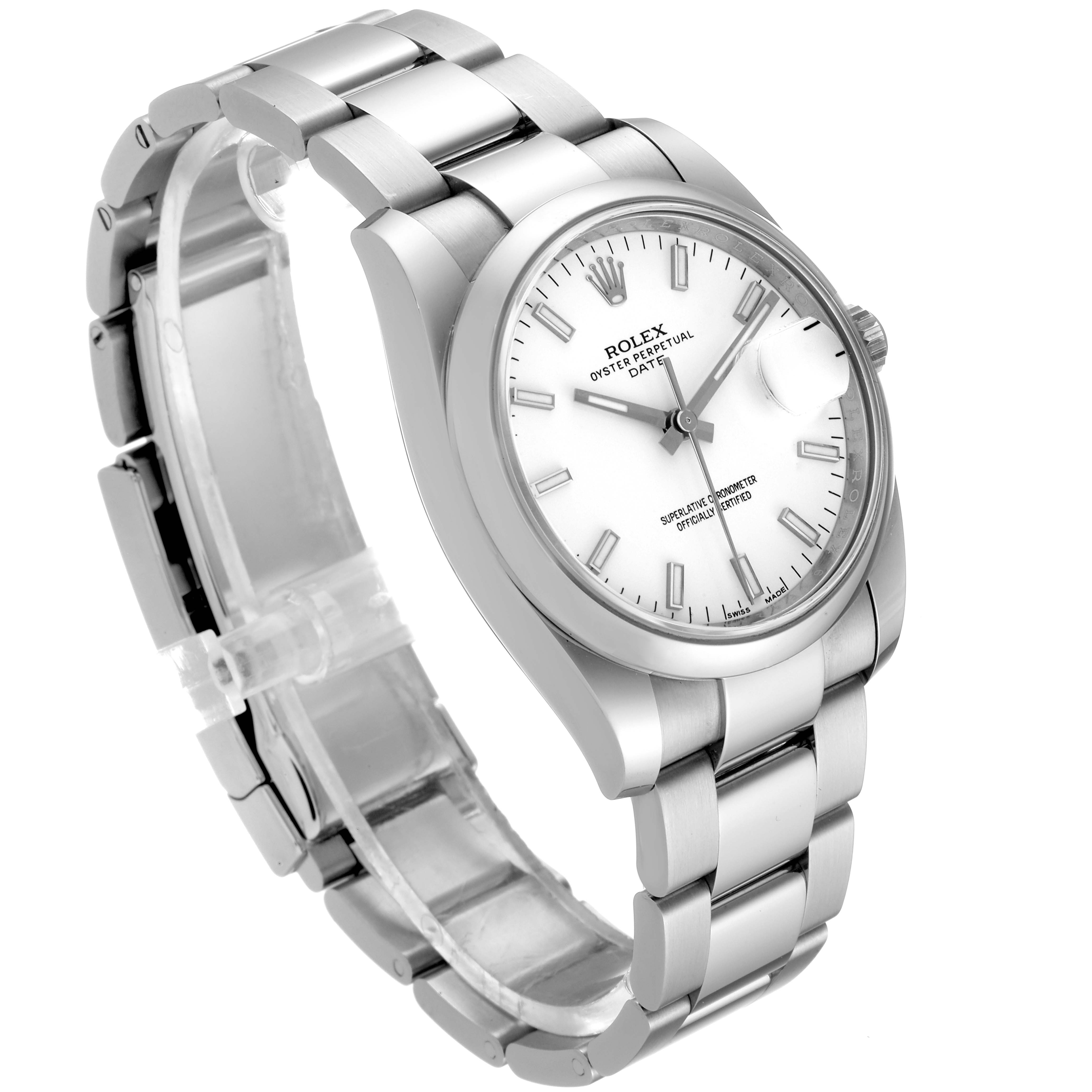 The image shows a Rolex Date 115200 Men's Stainless Steel White Dial 115200 Men's Stainless Steel White Dial model watch at a slight angle, highlighting the face, bezel, and bracelet.