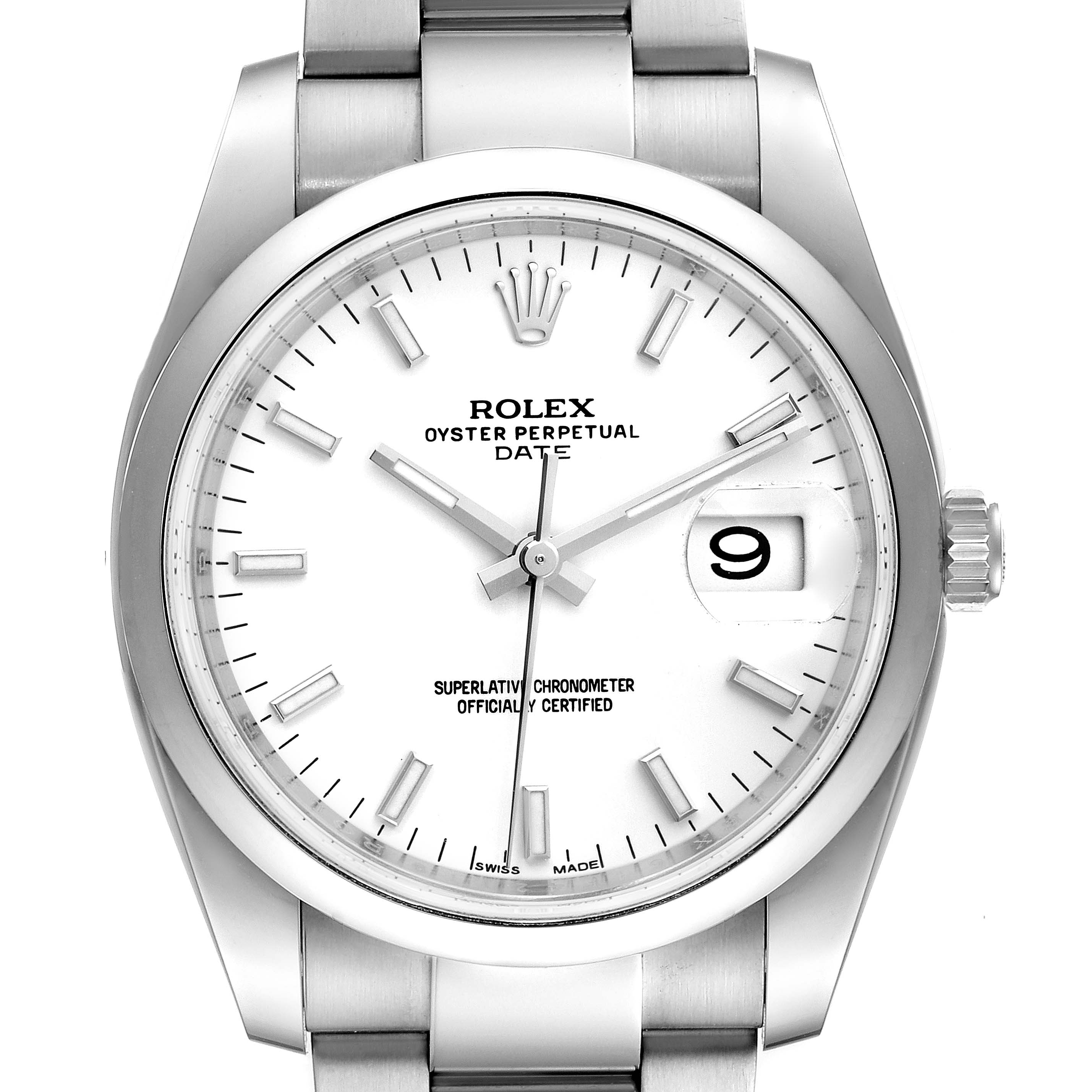 The image shows a close-up of the Rolex Date 115200 Men's Stainless Steel White Dial 115200 Men's Stainless Steel White Dial model watch's face, bezel, and part of the bracelet.
