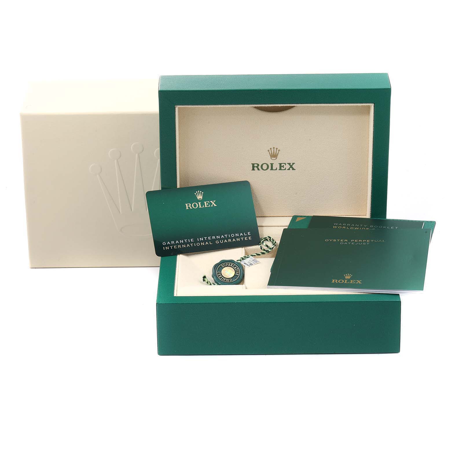 The image shows the packaging, warranty card, tags, and booklets for a Rolex Date 115200 Men's Stainless Steel White Dial 115200 Men's Stainless Steel White Dial model watch.