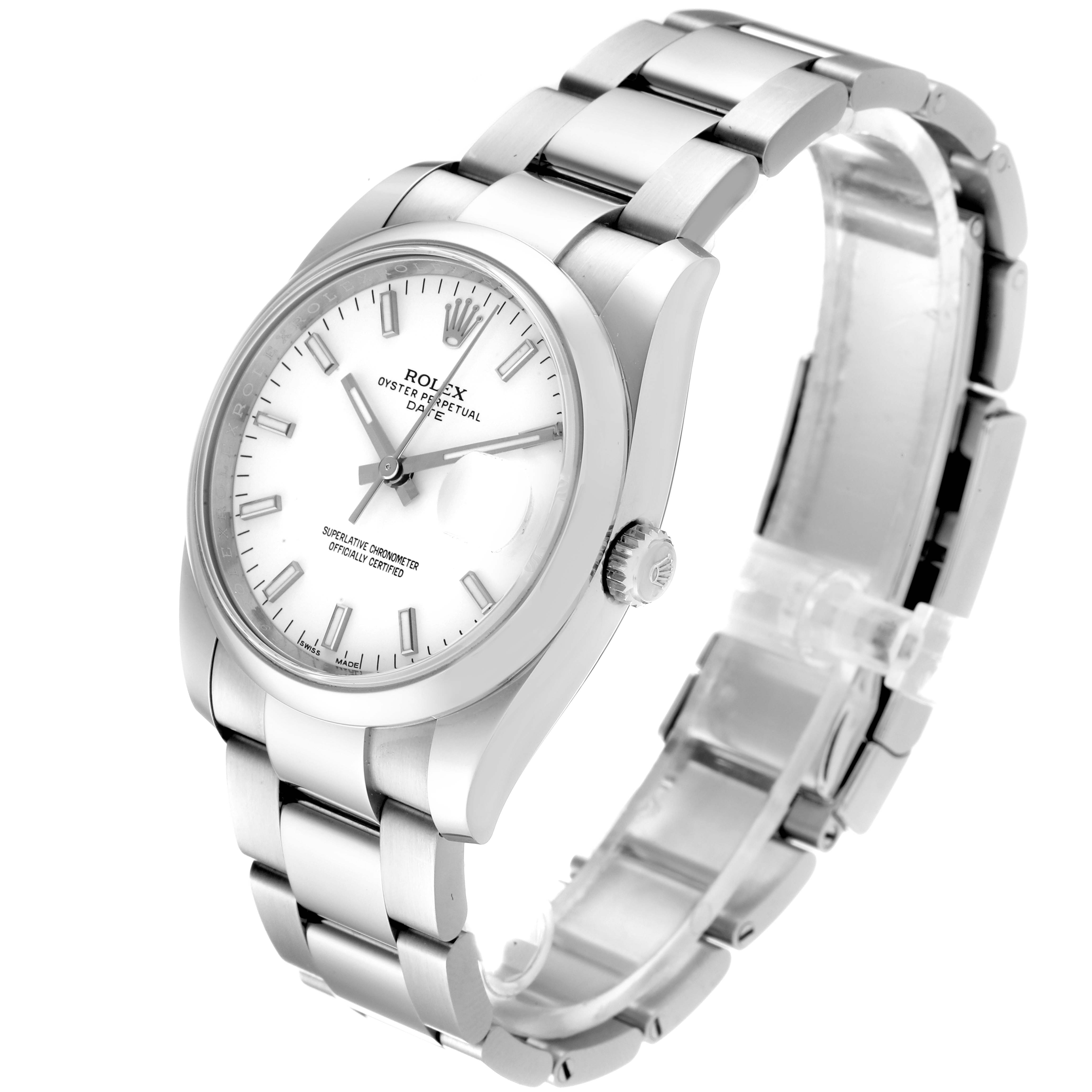 This image shows the Rolex Date 115200 Men's Stainless Steel White Dial 115200 Men's Stainless Steel White Dial model watch at an angled view, highlighting its face, crown, and bracelet.