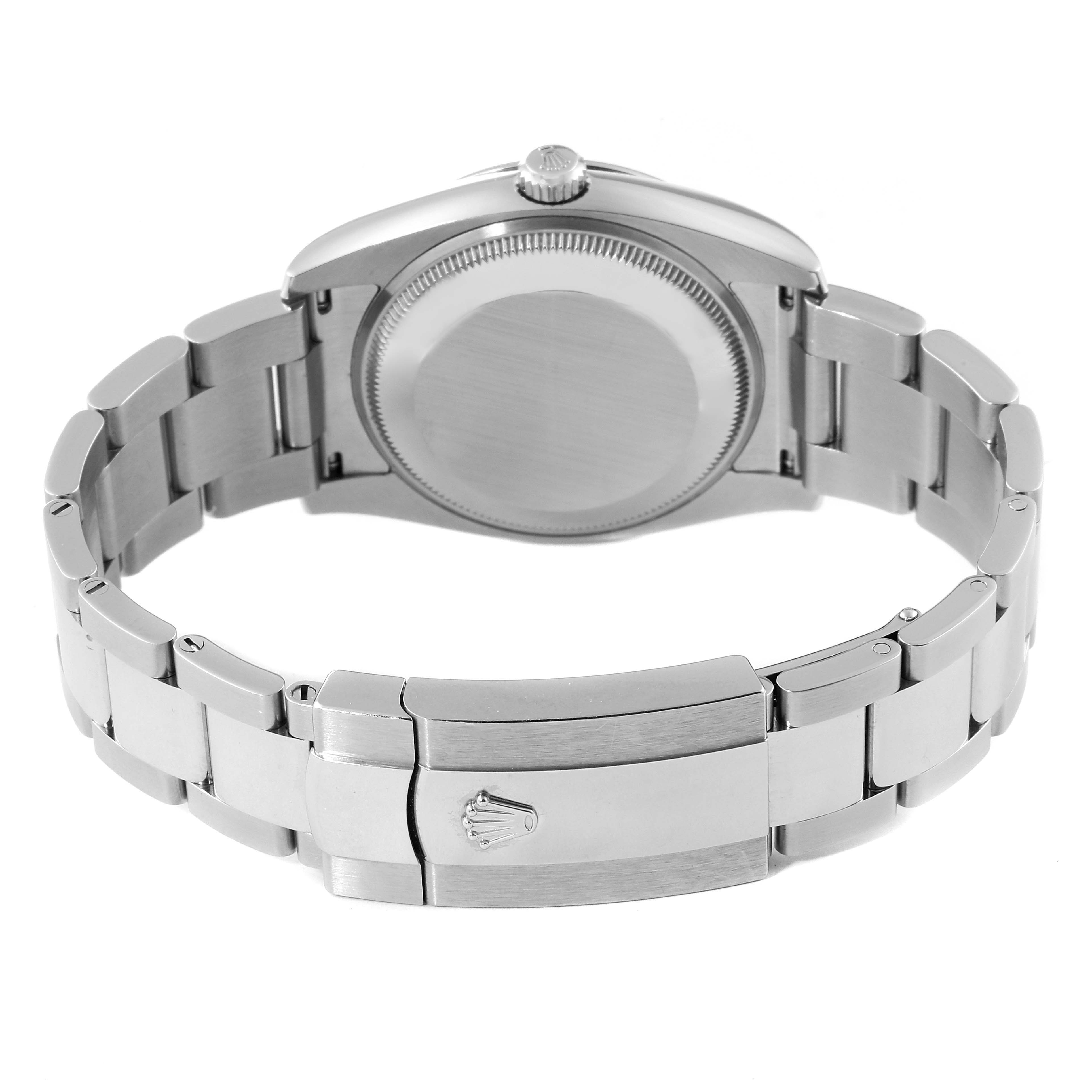 The image shows the back of a Rolex Date 115200 Men's Stainless Steel White Dial 115200 Men's Stainless Steel White Dial model watch, highlighting the case back and bracelet clasp.