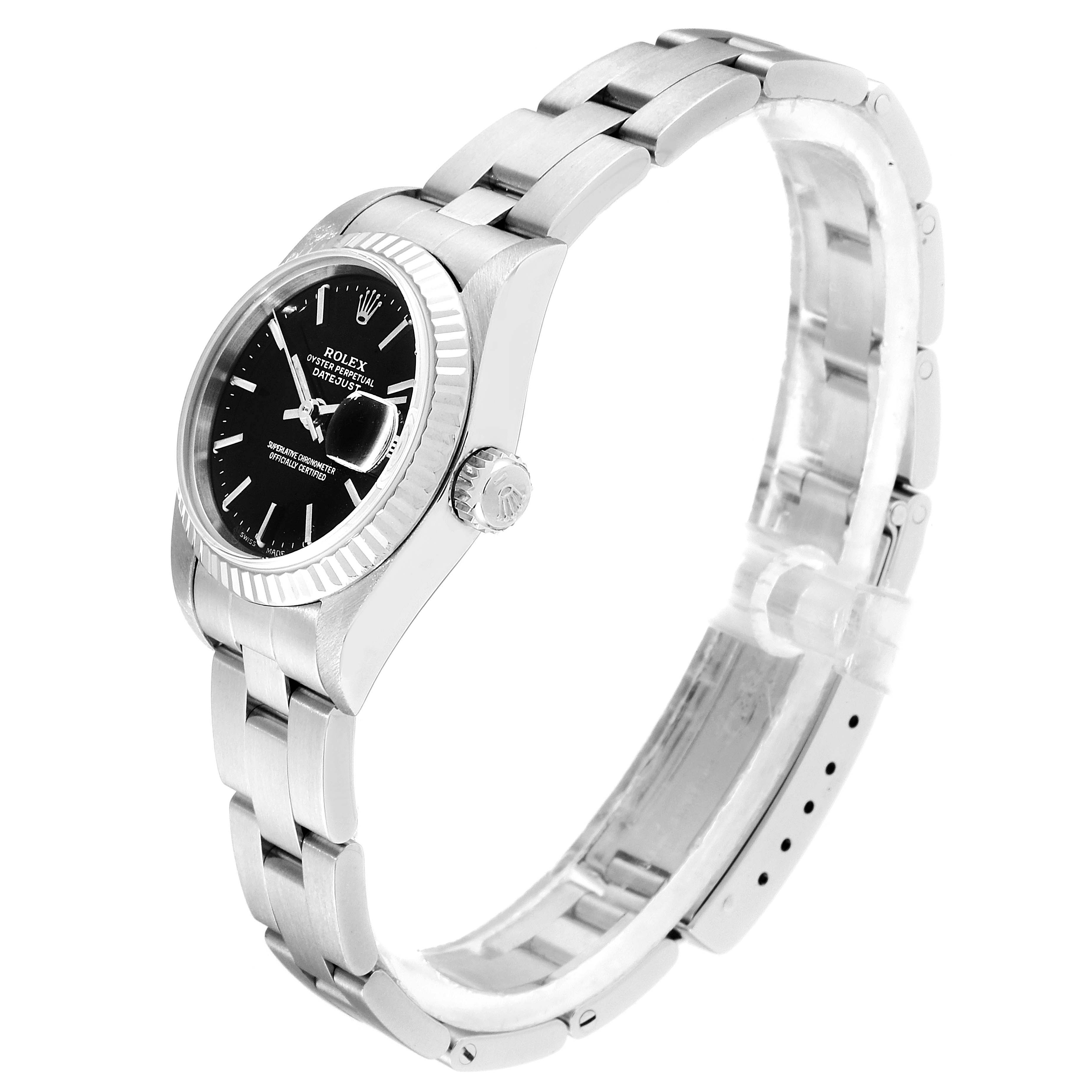 This image shows a side angle of the Rolex Datejust 79174 Women's Stainless Steel Black Dial 79174 Women's Stainless Steel Black Dial, showcasing the bezel, crown, dial, and bracelet.