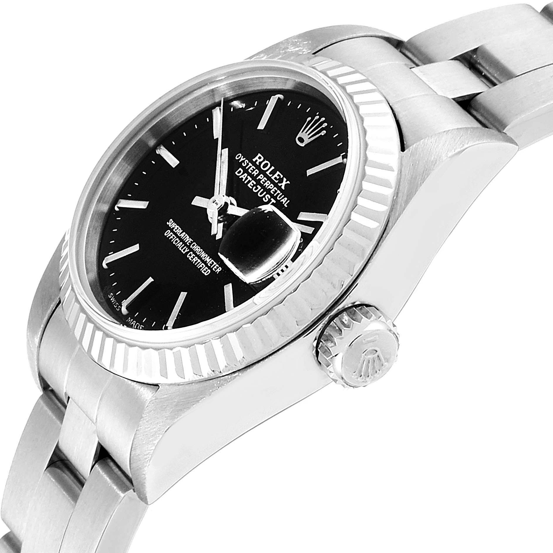 The image shows a side angle of the Rolex Datejust 79174 Women's Stainless Steel Black Dial 79174 Women's Stainless Steel Black Dial watch, highlighting the crown, bezel, and part of the bracelet.