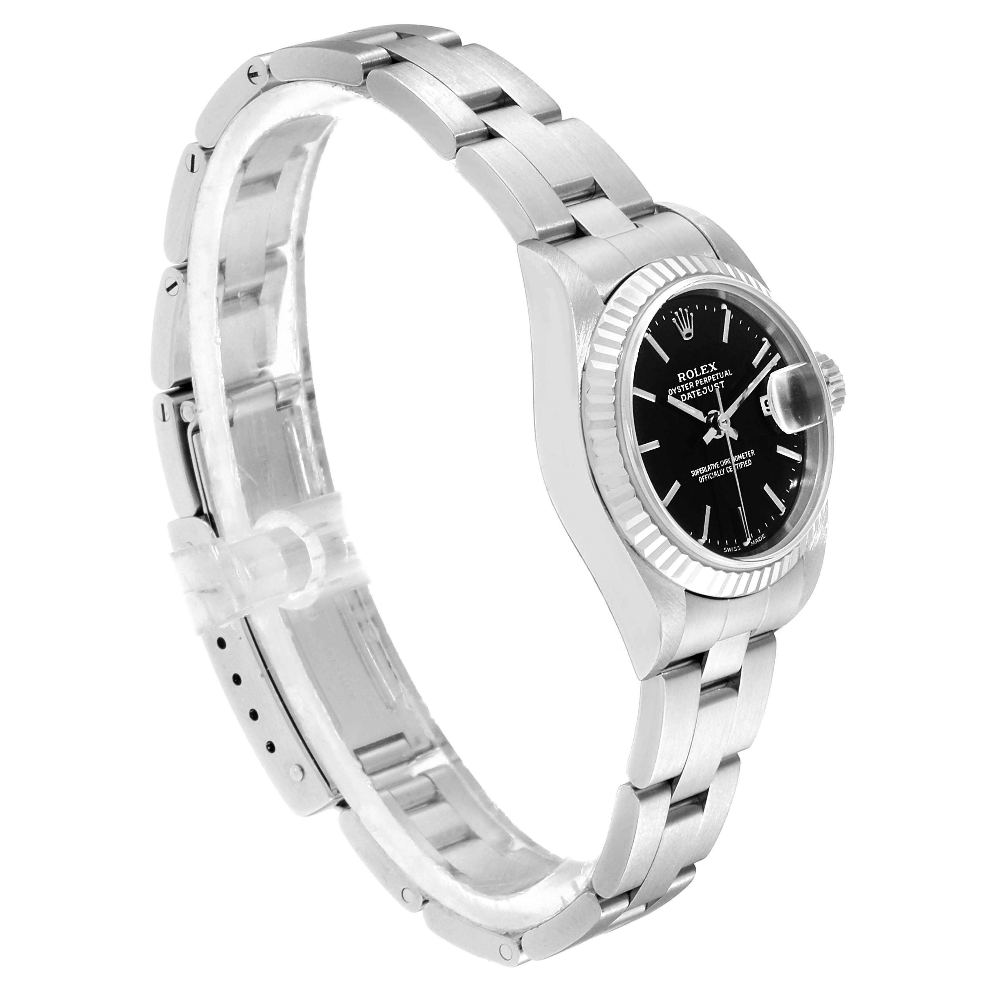 The Rolex Datejust 79174 Women's Stainless Steel Black Dial 79174 Women's Stainless Steel Black Dial watch is shown from a side angle, highlighting its stainless steel bracelet and black dial.