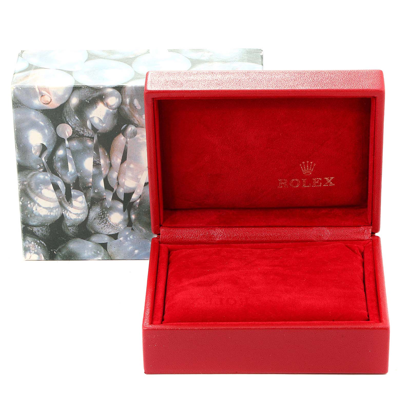 The image shows a red presentation box for the Rolex Datejust 79174 Women's Stainless Steel Black Dial 79174 Women's Stainless Steel Black Dial watch, with an outer box featuring a decorative design.