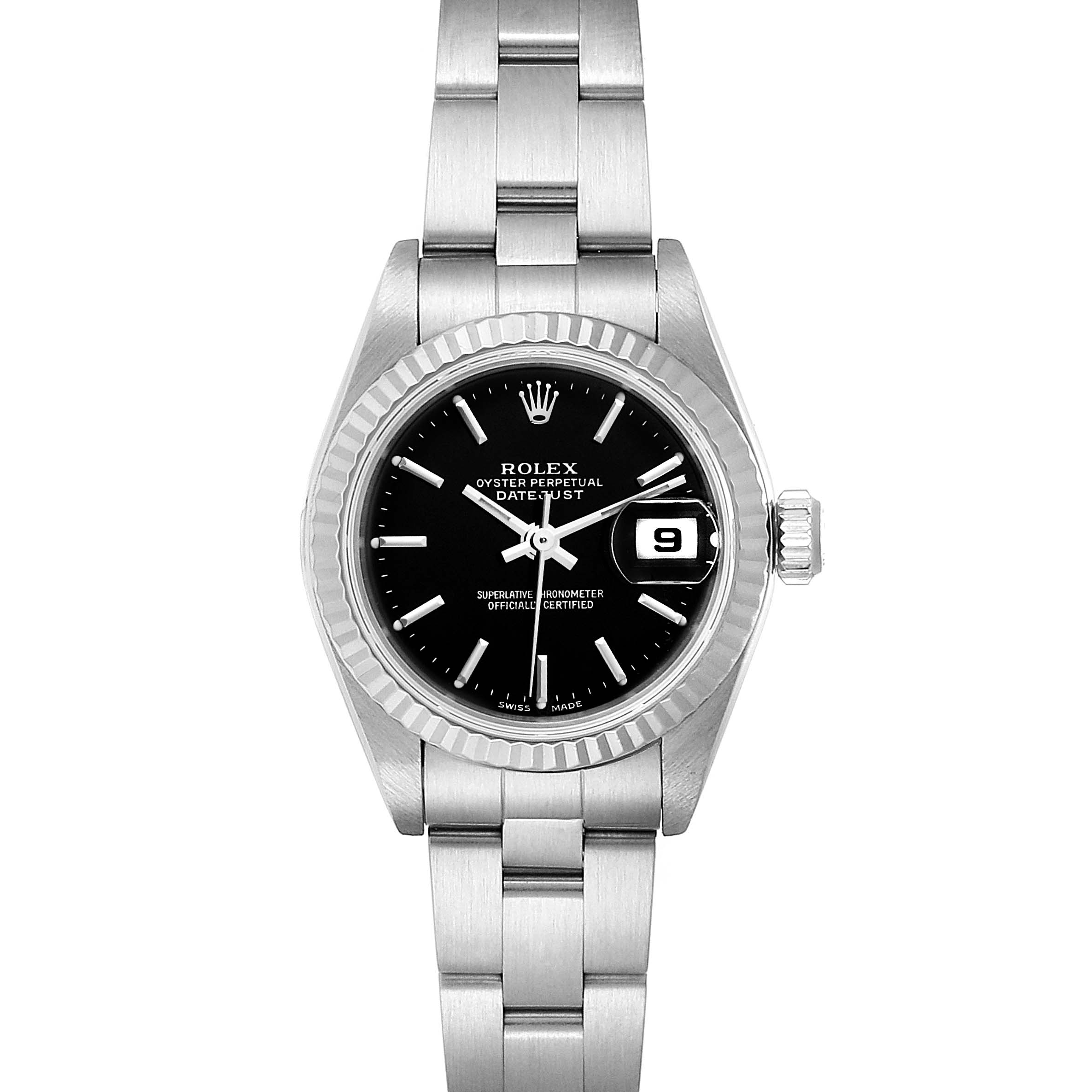 This image shows a front view of a Rolex Datejust 79174 Women's Stainless Steel Black Dial 79174 Women's Stainless Steel Black Dial watch, highlighting its black dial, date window, and stainless steel bracelet and bezel.