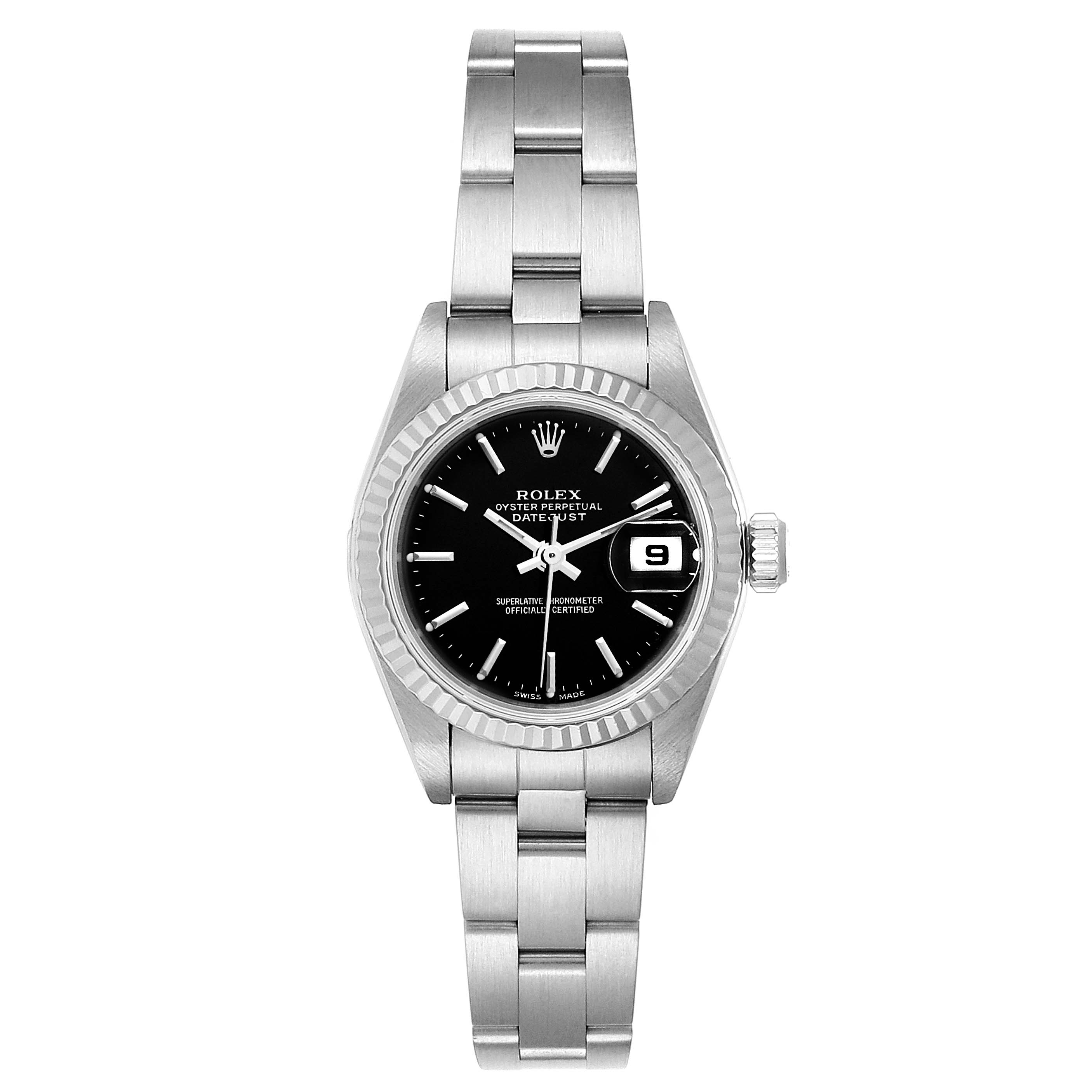 This image shows a front view of a Rolex Datejust 79174 Women's Stainless Steel Black Dial 79174 Women's Stainless Steel Black Dial watch, highlighting the face, bezel, bracelet, and date display.