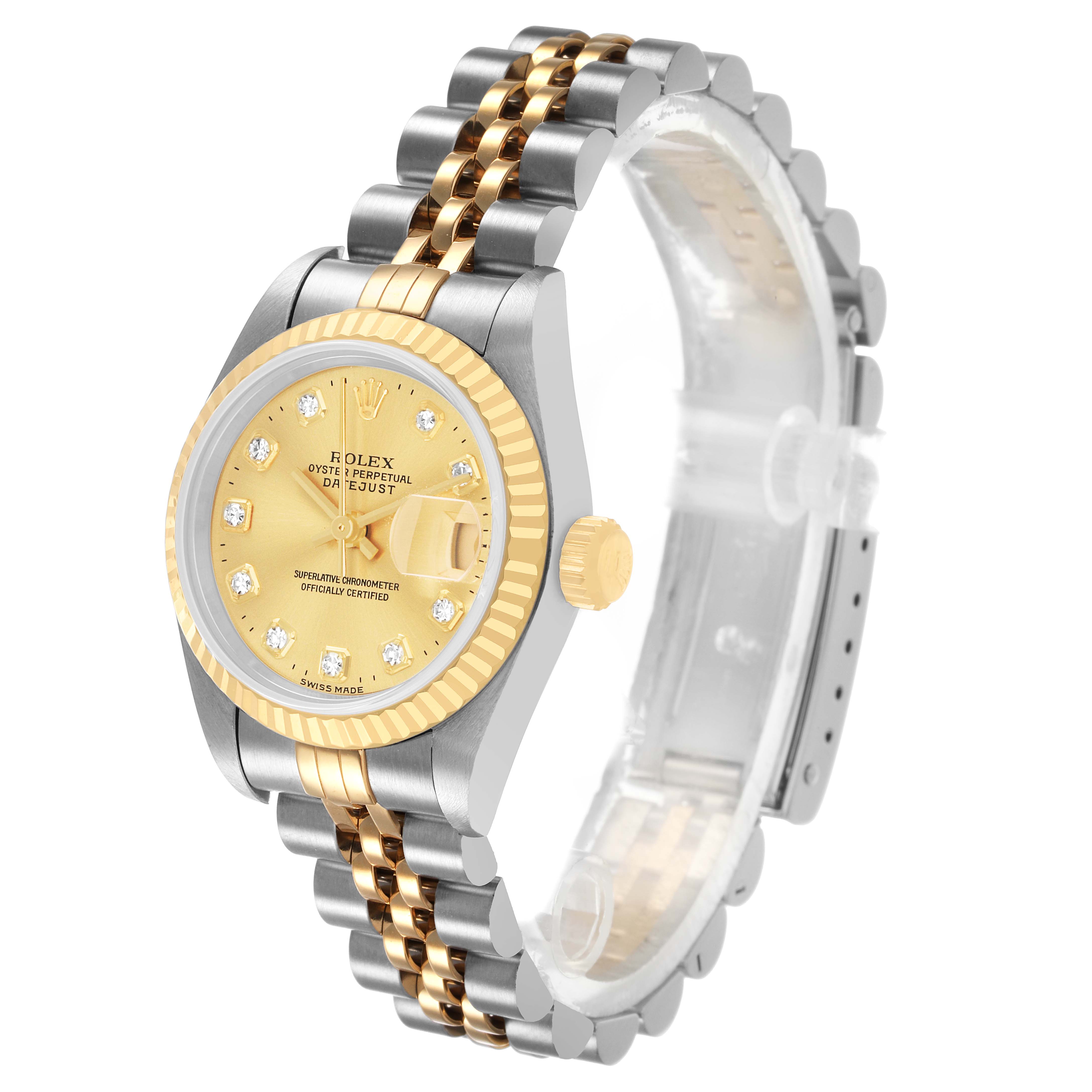 The Rolex Datejust 69173 Women's Steel and Gold (two tone) Champagne Dial watch is shown at a three-quarter angle highlighting the face, bezel, and two-tone jubilee bracelet.