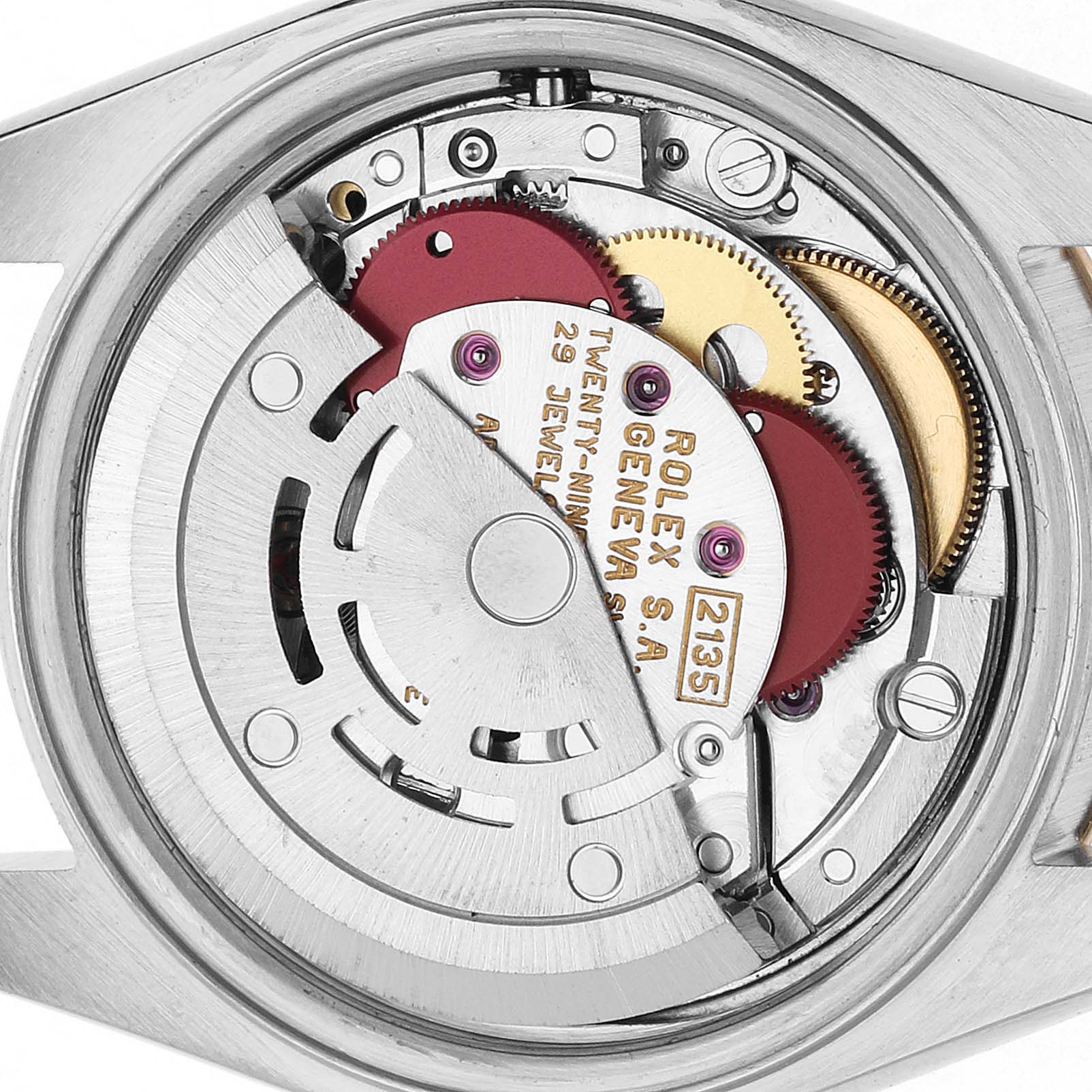 The image shows the Rolex Datejust 69173 Women's Steel and Gold (two tone) Champagne Dial's internal movement mechanism from a top view, highlighting gears and engravings.