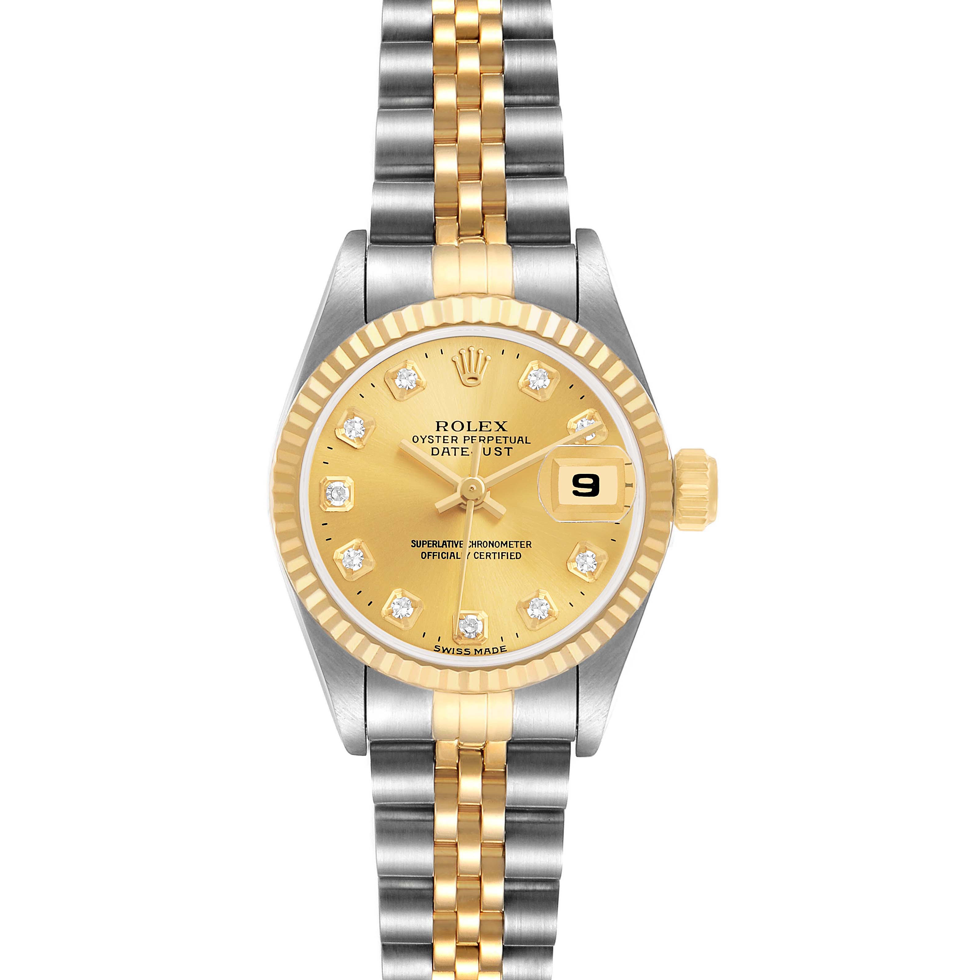 This Rolex Datejust 69173 Women's Steel and Gold (two tone) Champagne Dial is shown from a top view, featuring a two-tone bracelet and a gold dial with diamond hour markers.