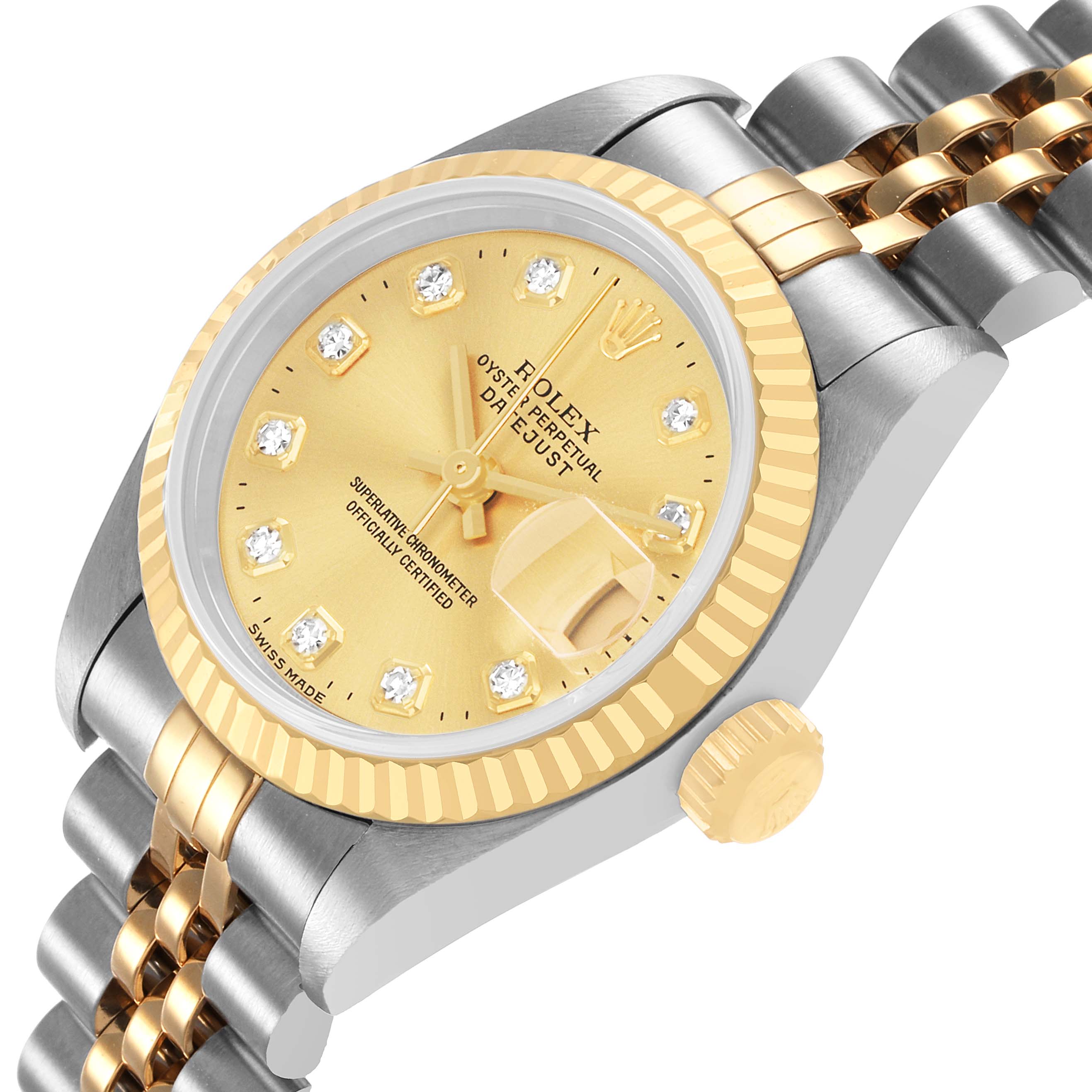 This image shows a Rolex Datejust 69173 Women's Steel and Gold (two tone) Champagne Dial watch at a slight angle, highlighting the dial, bezel, crown, and part of the bracelet.