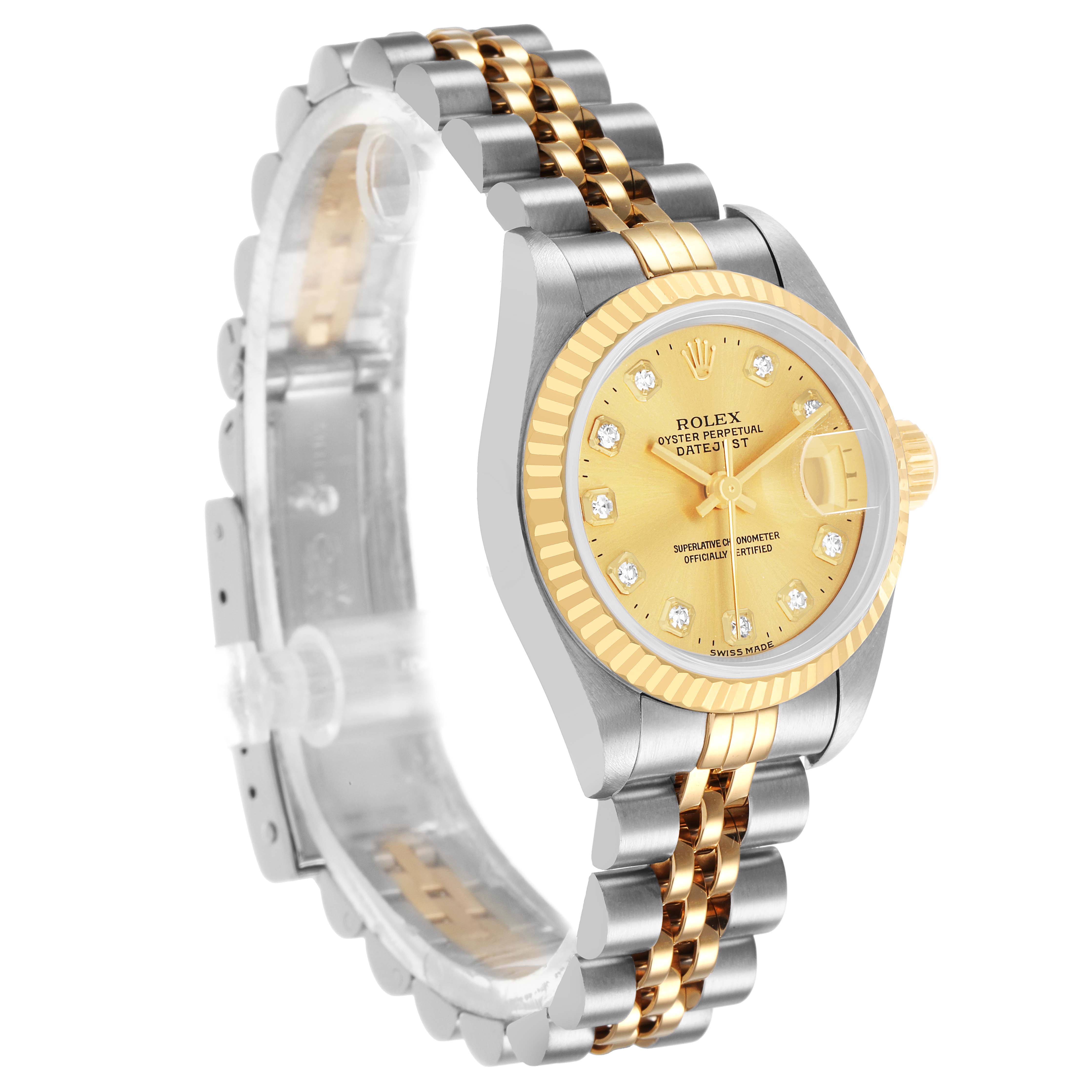 The Rolex Datejust 69173 Women's Steel and Gold (two tone) Champagne Dial watch is shown at a slight angle, displaying its two-tone bracelet, fluted bezel, and diamond-accented dial.